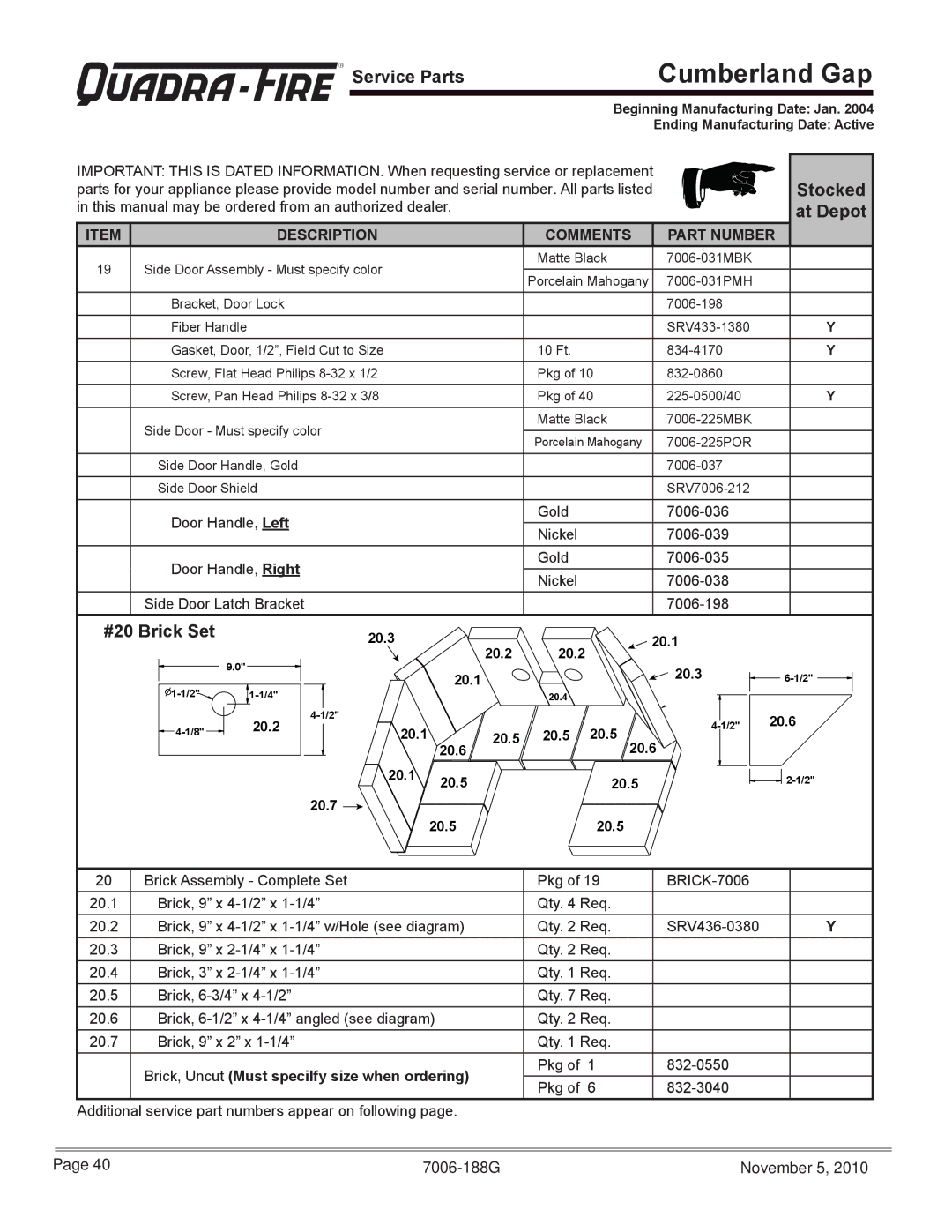 Quadra-Fire CUMPGAP-PMH, CUMBGAP-MBK warranty Stocked at Depot, #20 Brick Set 