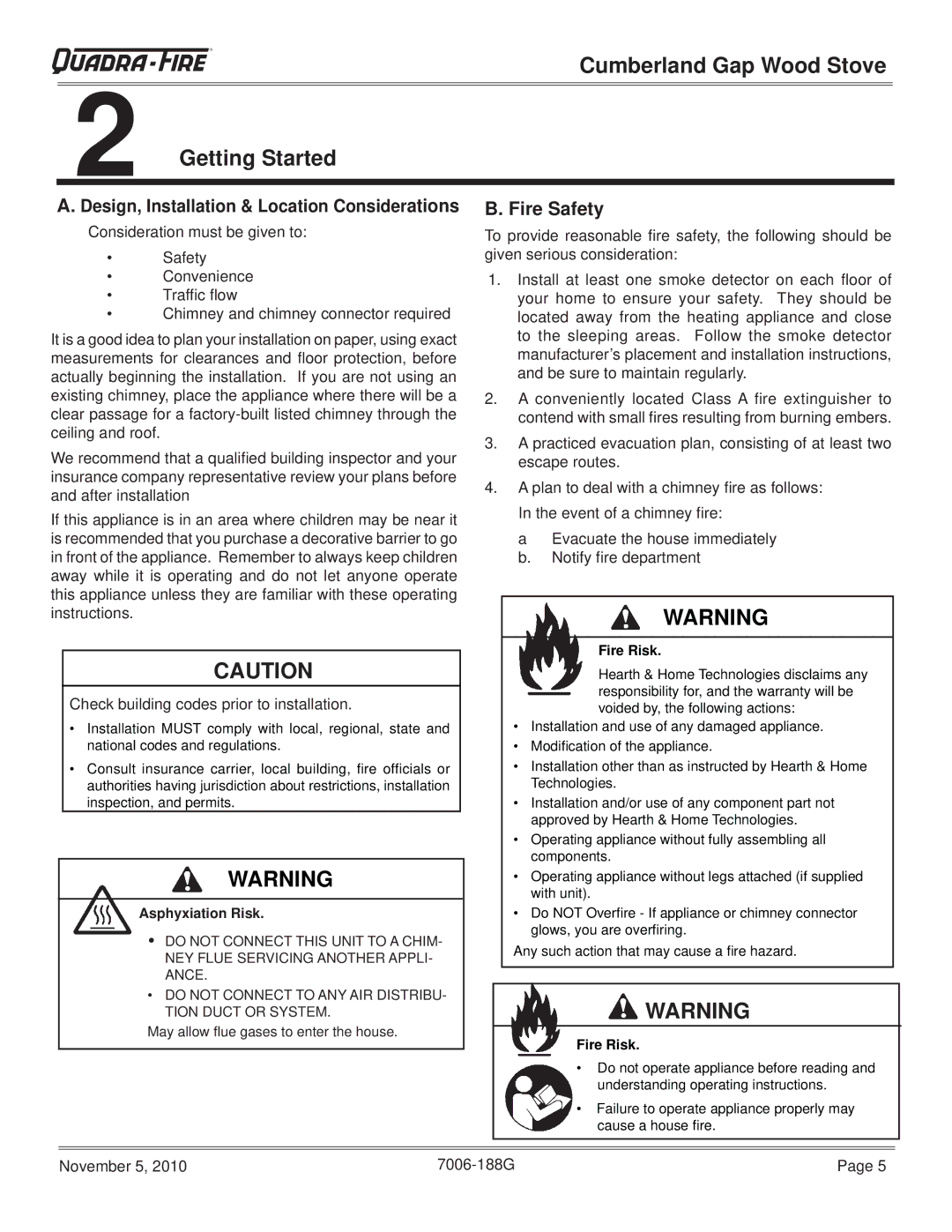 Quadra-Fire CUMBGAP-MBK, CUMPGAP-PMH warranty Getting Started Cumberland Gap Wood Stove, Fire Safety, Asphyxiation Risk 