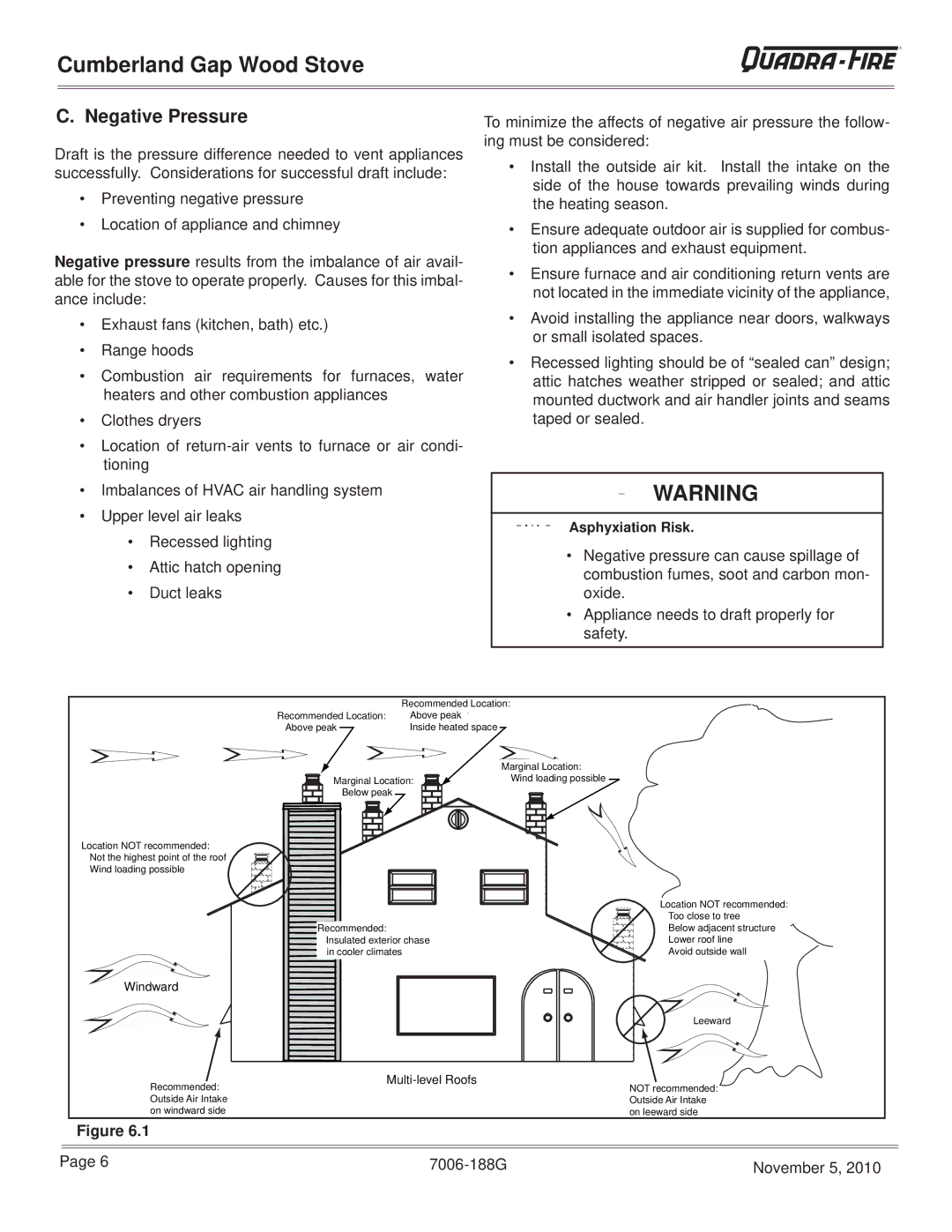 Quadra-Fire CUMPGAP-PMH, CUMBGAP-MBK warranty Negative Pressure, Windward 