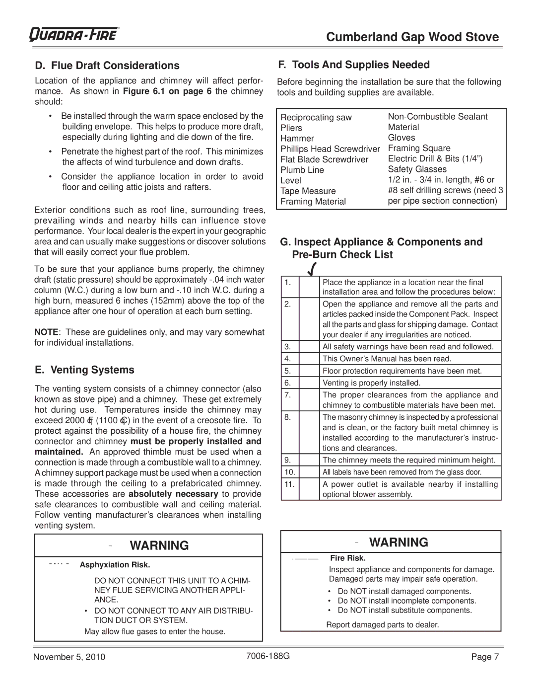 Quadra-Fire CUMBGAP-MBK, CUMPGAP-PMH Flue Draft Considerations, Venting Systems, Tools And Supplies Needed, Fire Risk 