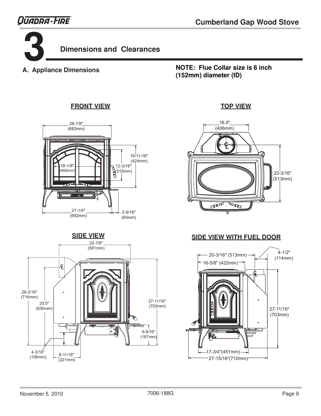 Quadra-Fire CUMBGAP-MBK, CUMPGAP-PMH warranty Dimensions and Clearances, Appliance Dimensions 