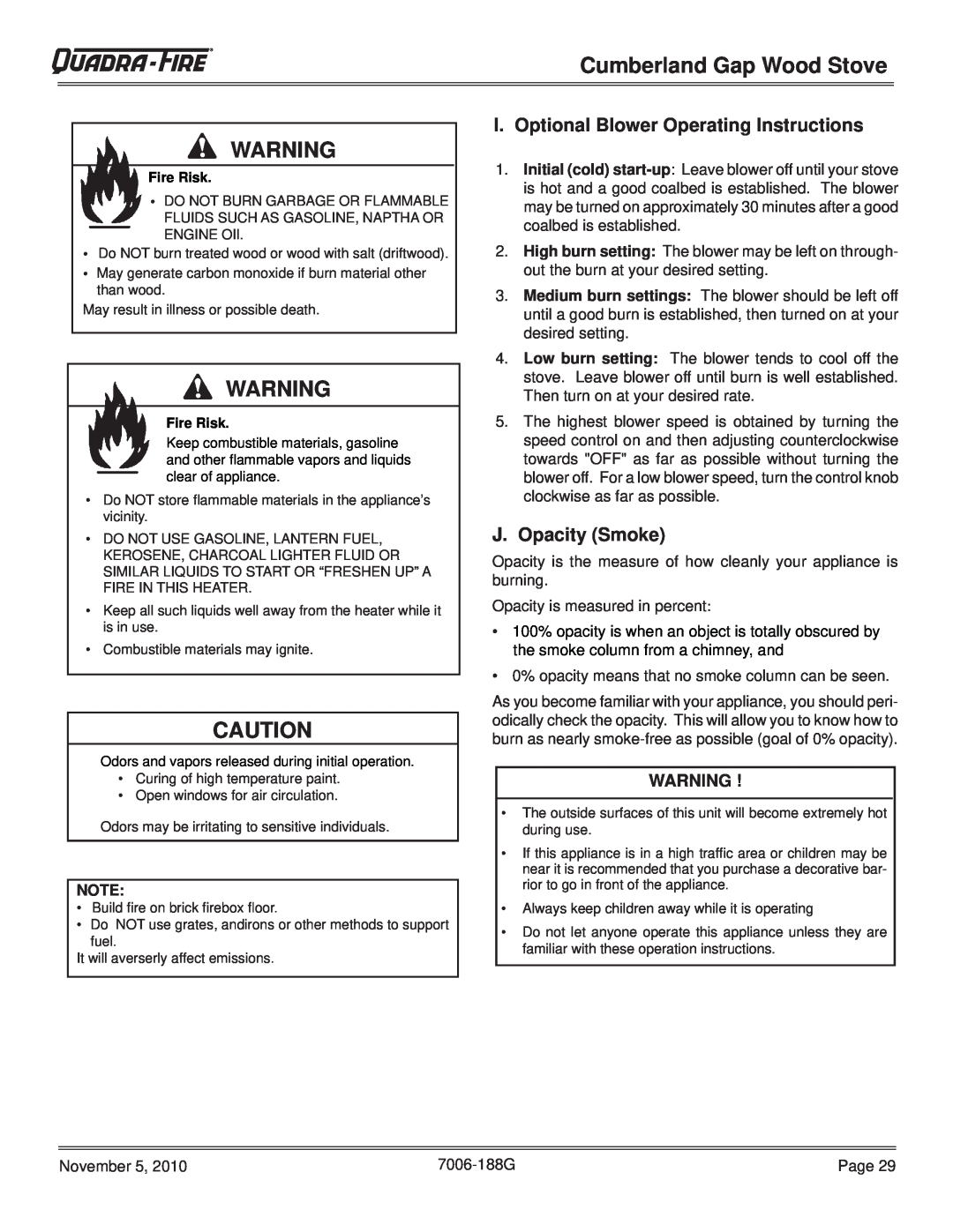 Quadra-Fire CUMBGAP-MBK, CUMPGAP-PMH I.Optional Blower Operating Instructions, J. Opacity Smoke, Cumberland Gap Wood Stove 