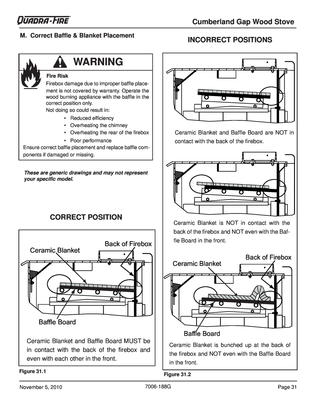 Quadra-Fire CUMBGAP-MBK, CUMPGAP-PMH warranty Incorrect Positions, Correct Position, M. Correct Bafﬂe & Blanket Placement 