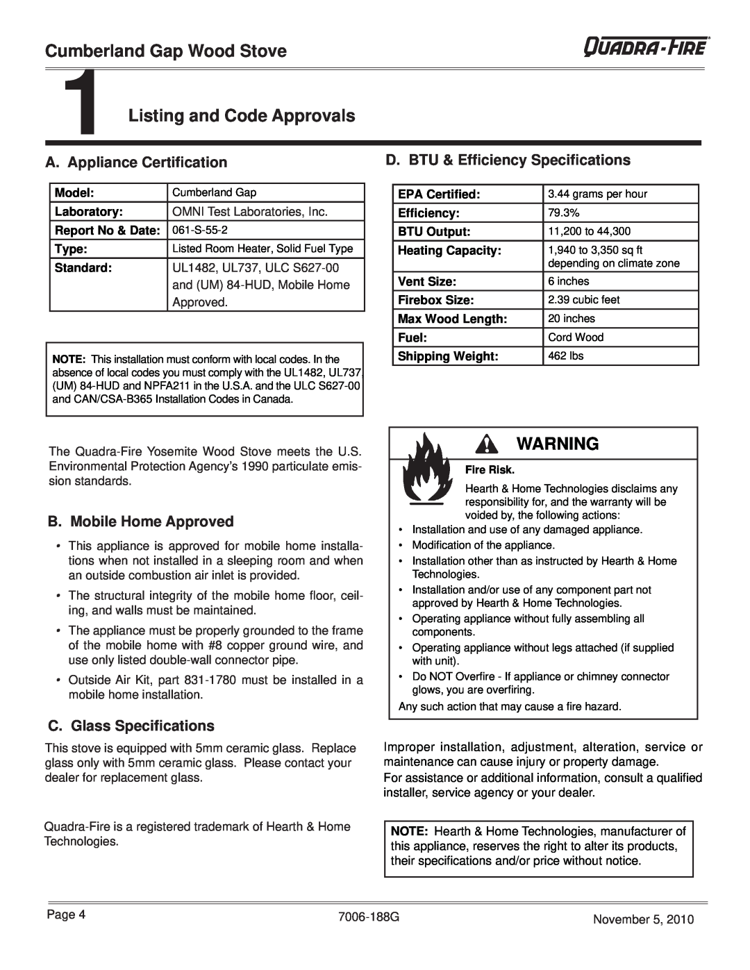 Quadra-Fire CUMPGAP-PMH Listing and Code Approvals, A. Appliance Certiﬁcation, D. BTU & Efﬁciency Speciﬁcations, Model 