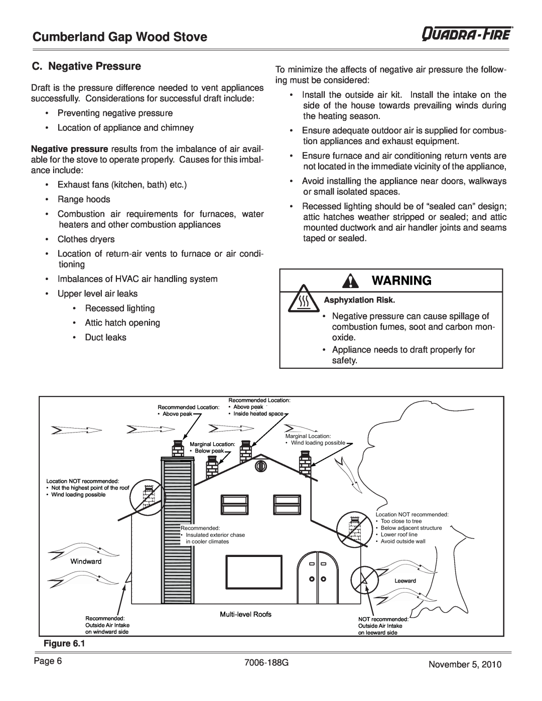 Quadra-Fire CUMPGAP-PMH, CUMBGAP-MBK warranty C. Negative Pressure, Cumberland Gap Wood Stove 