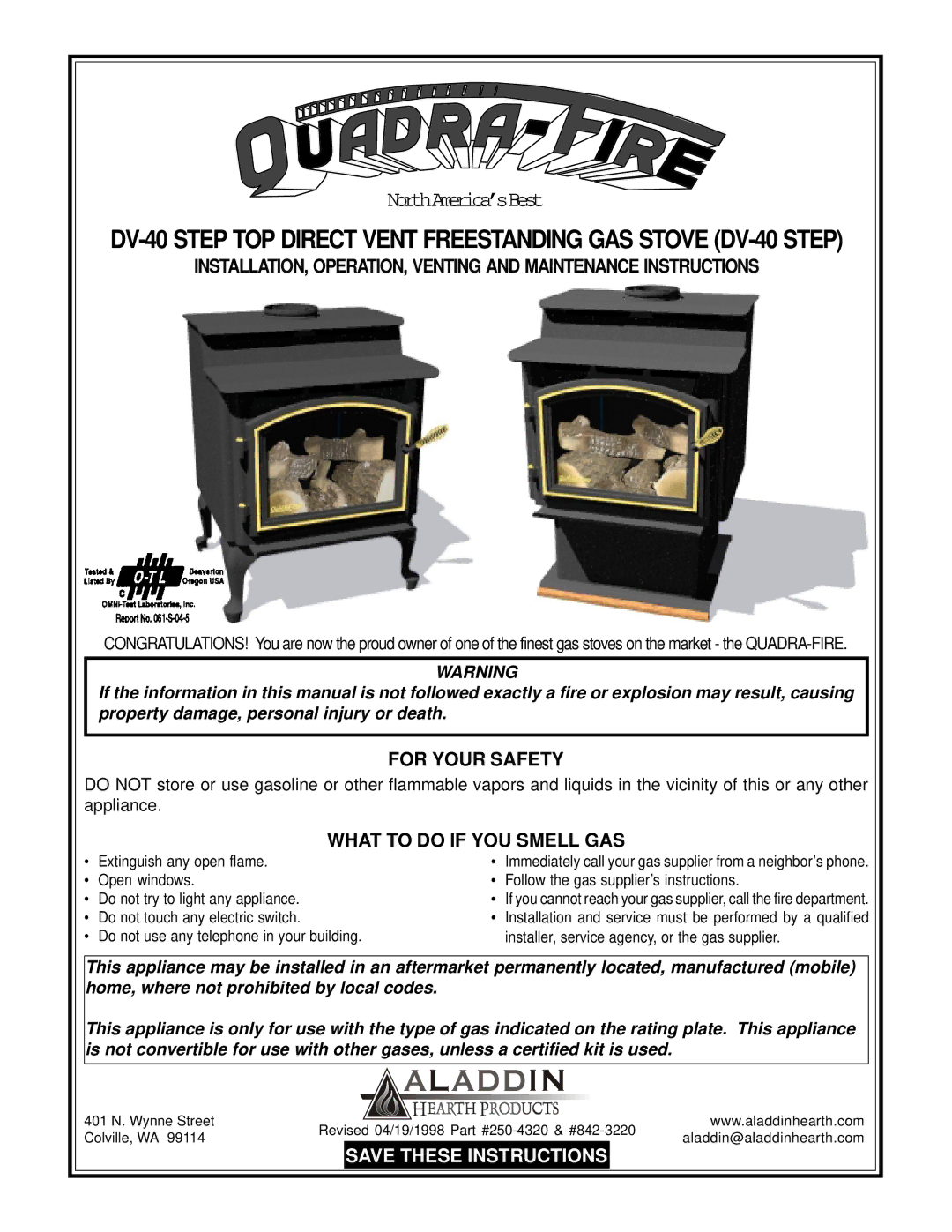 Quadra-Fire DV-40 manual For Your Safety, What to do if YOU Smell GAS 