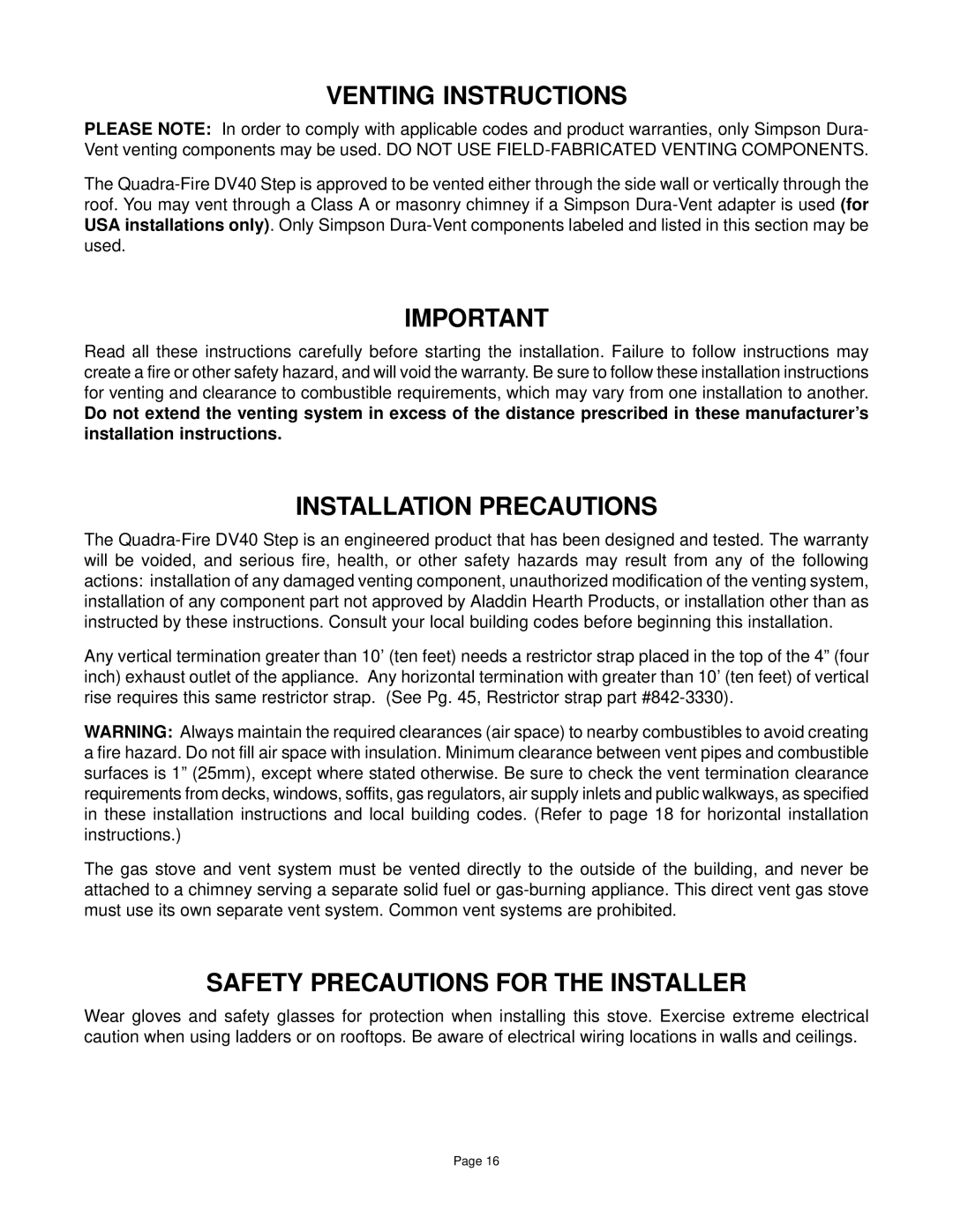 Quadra-Fire DV-40 manual Venting Instructions, Installation Precautions, Safety Precautions for the Installer 