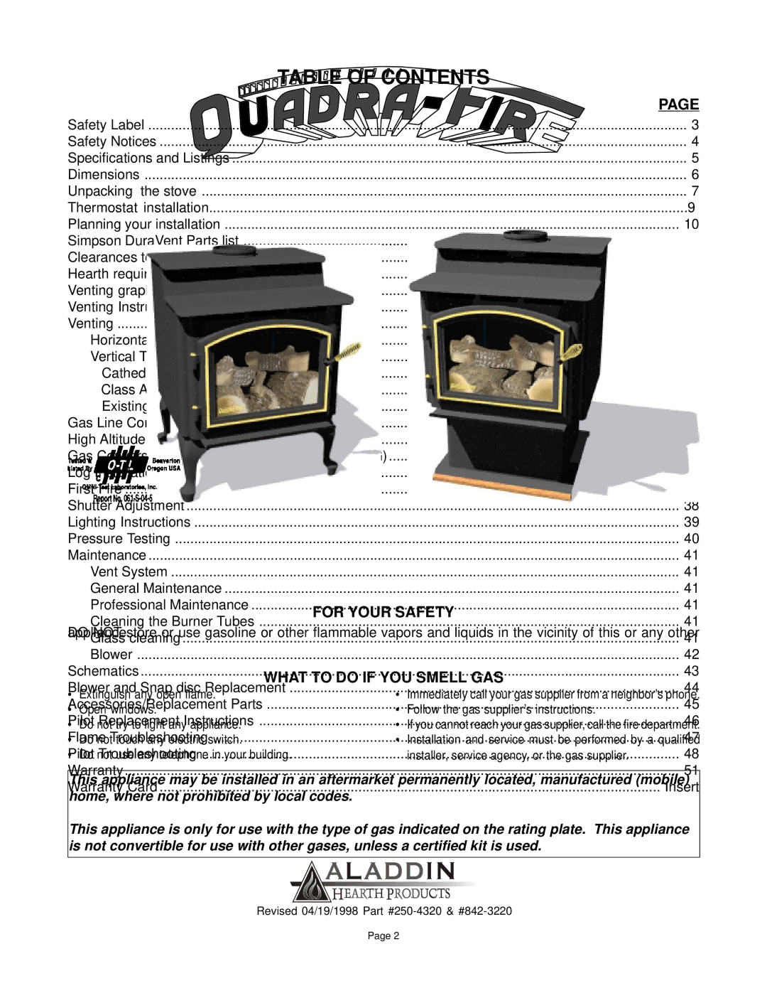 Quadra-Fire DV-40 manual Table of Contents 