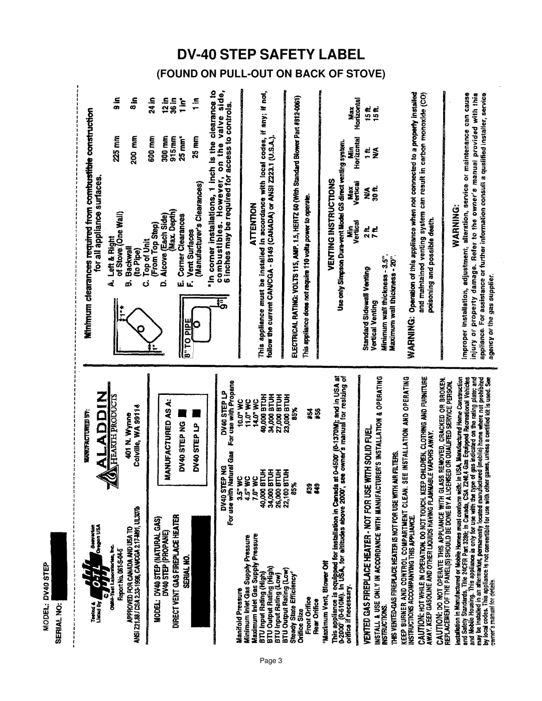 Quadra-Fire manual DV-40 Step Safety Label, Found on PULL-OUT on Back of Stove 