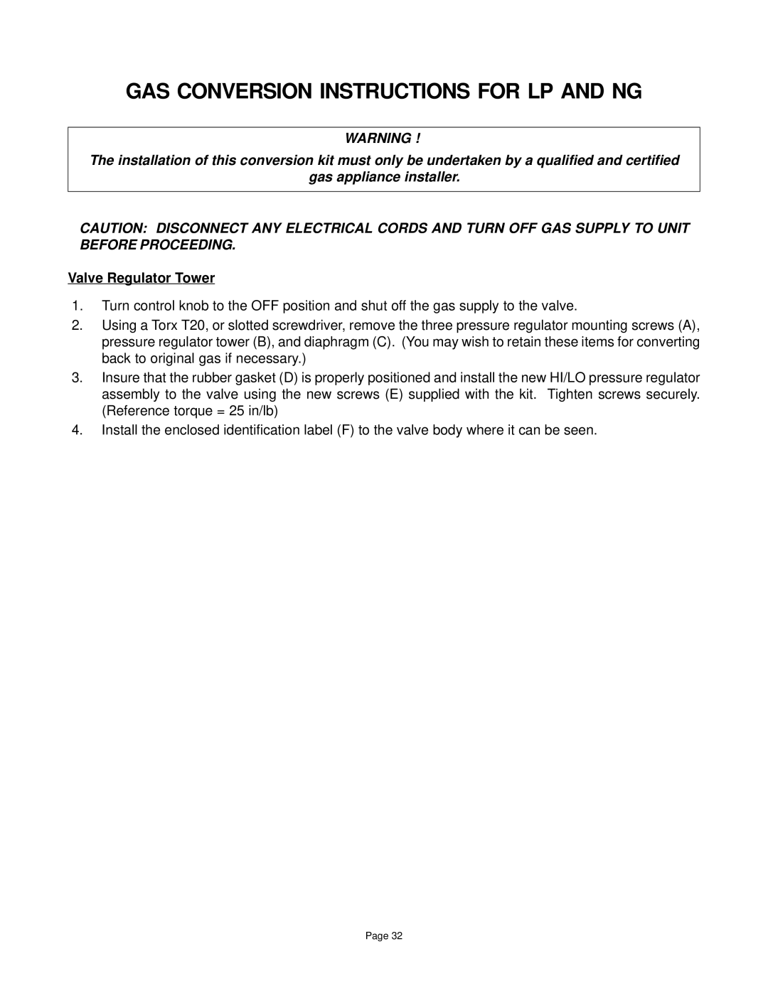 Quadra-Fire DV-40 manual GAS Conversion Instructions for LP and NG, Valve Regulator Tower 