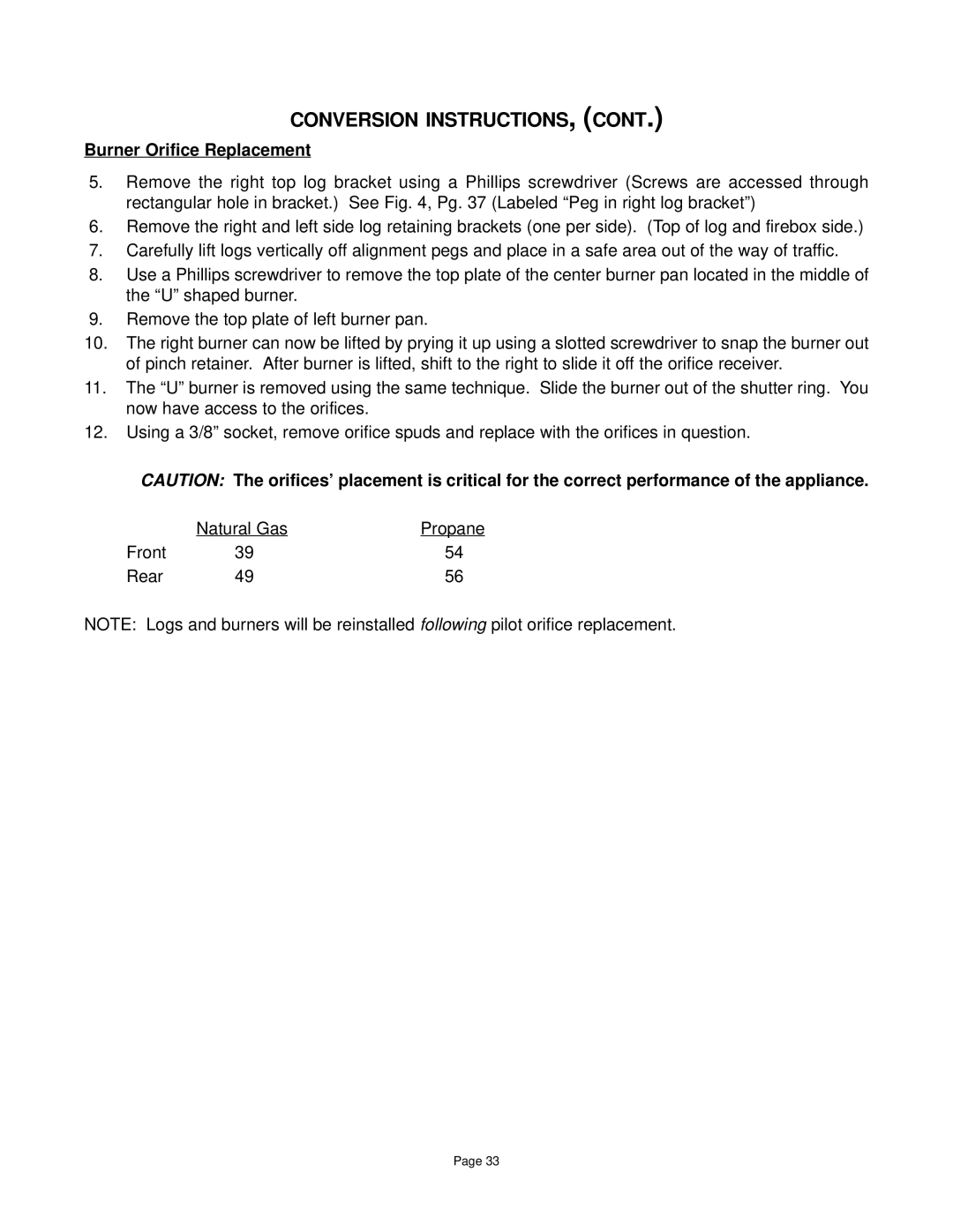 Quadra-Fire DV-40 manual Conversion INSTRUCTIONS, Burner Orifice Replacement 