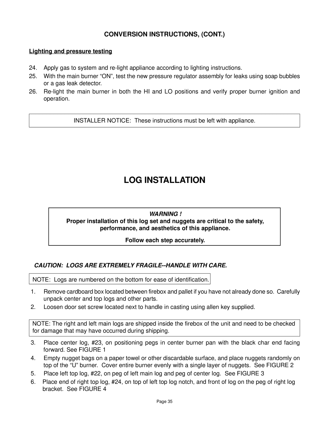 Quadra-Fire DV-40 manual LOG Installation, Conversion INSTRUCTIONS, Lighting and pressure testing 