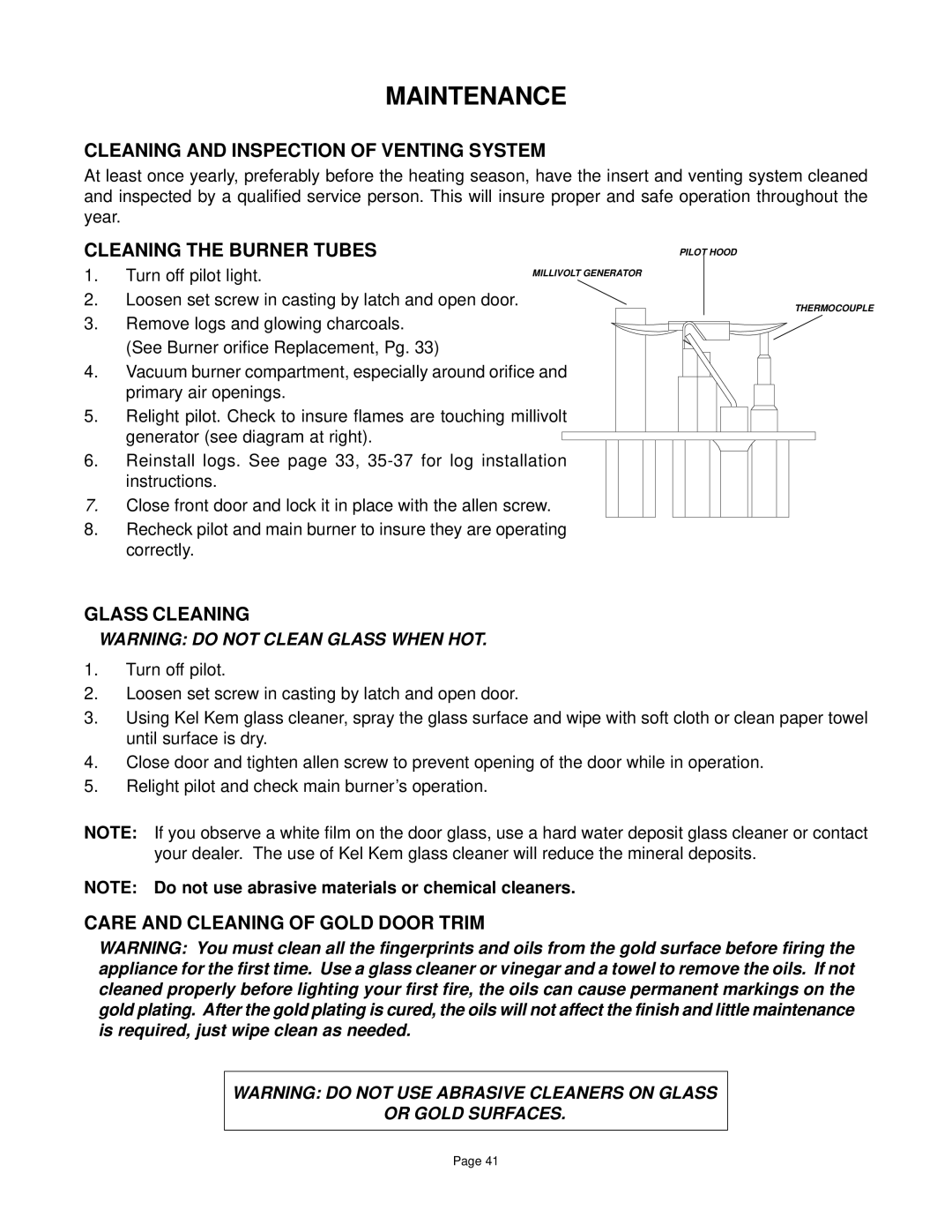 Quadra-Fire DV-40 manual Maintenance, Cleaning and Inspection of Venting System, Cleaning the Burner Tubes, Glass Cleaning 