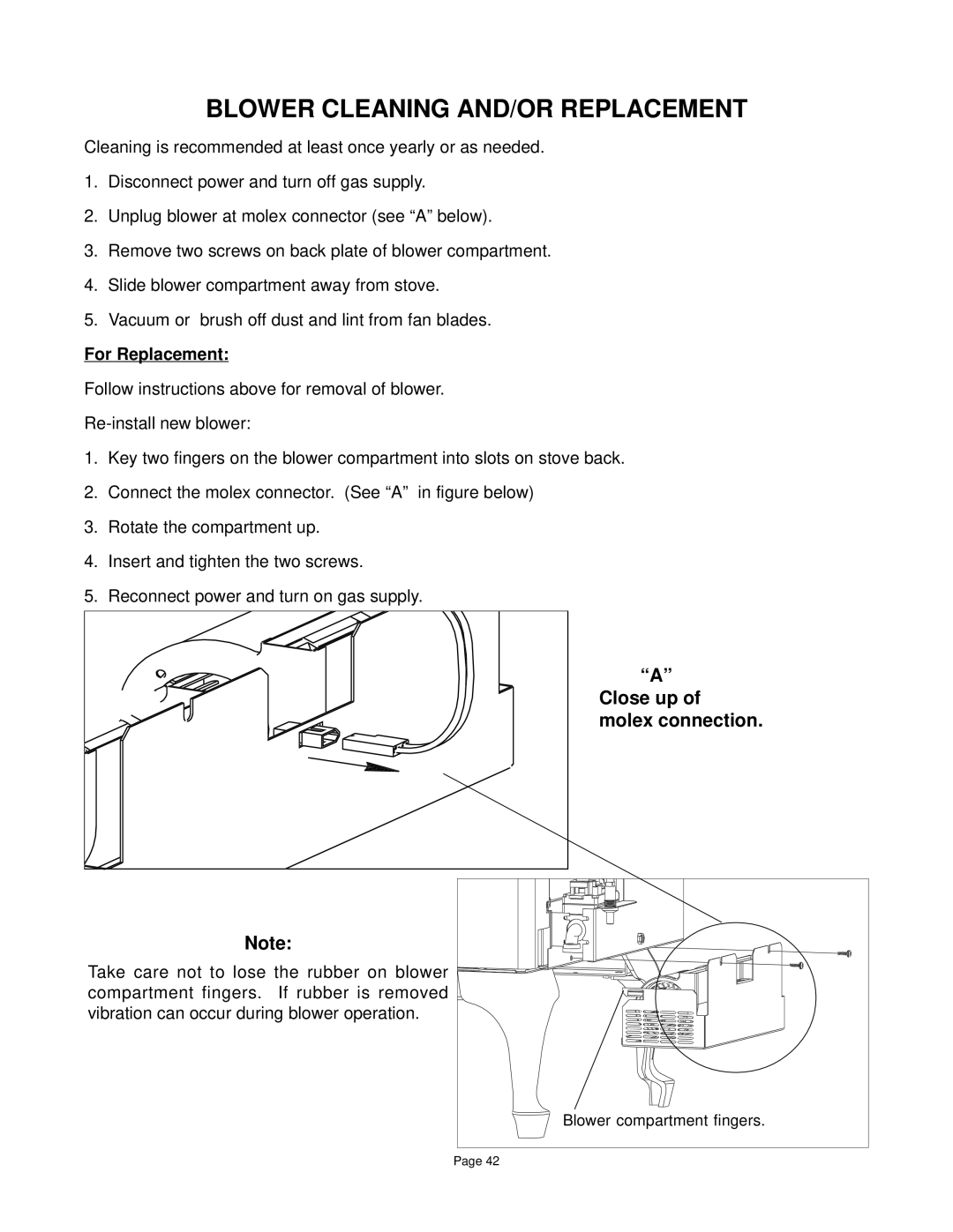 Quadra-Fire DV-40 manual Blower Cleaning AND/OR Replacement, For Replacement 