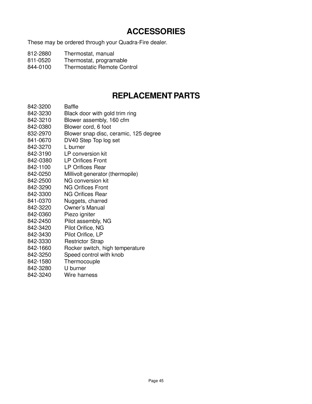 Quadra-Fire DV-40 manual Accessories, Replacement Parts 