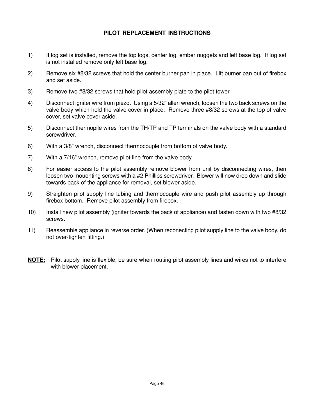 Quadra-Fire DV-40 manual Pilot Replacement Instructions 