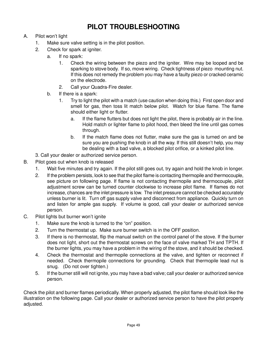 Quadra-Fire DV-40 manual Pilot Troubleshooting 