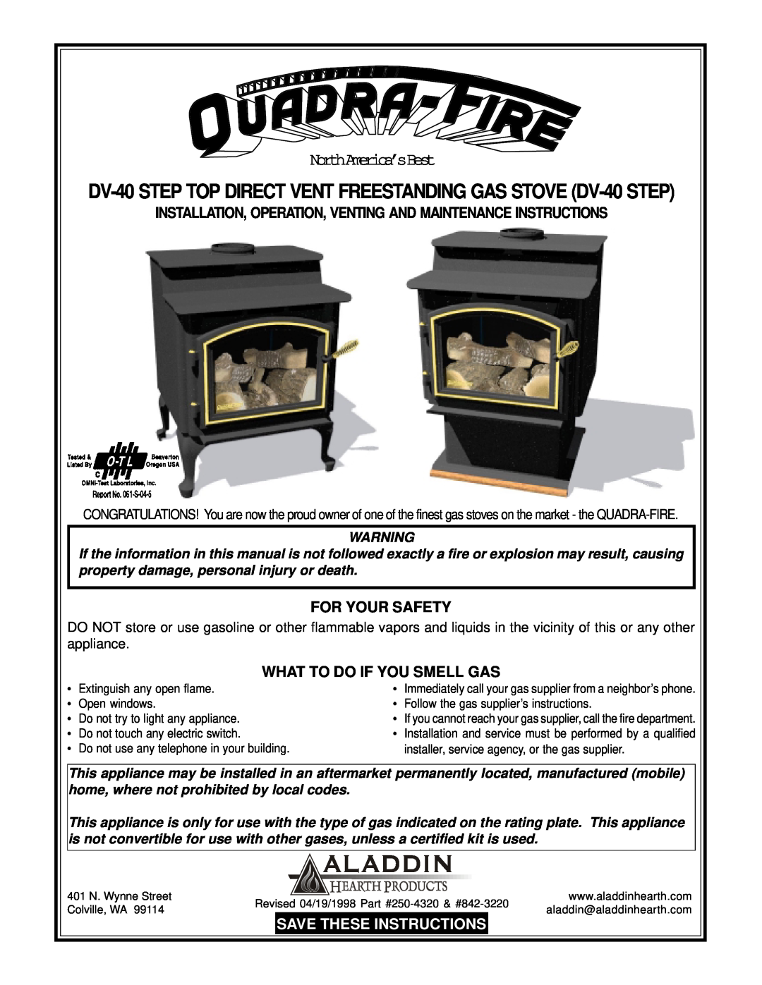 Quadra-Fire DV-40 manual For Your Safety, What To Do If You Smell Gas, NorthAmerica’sBest, Save These Instructions 