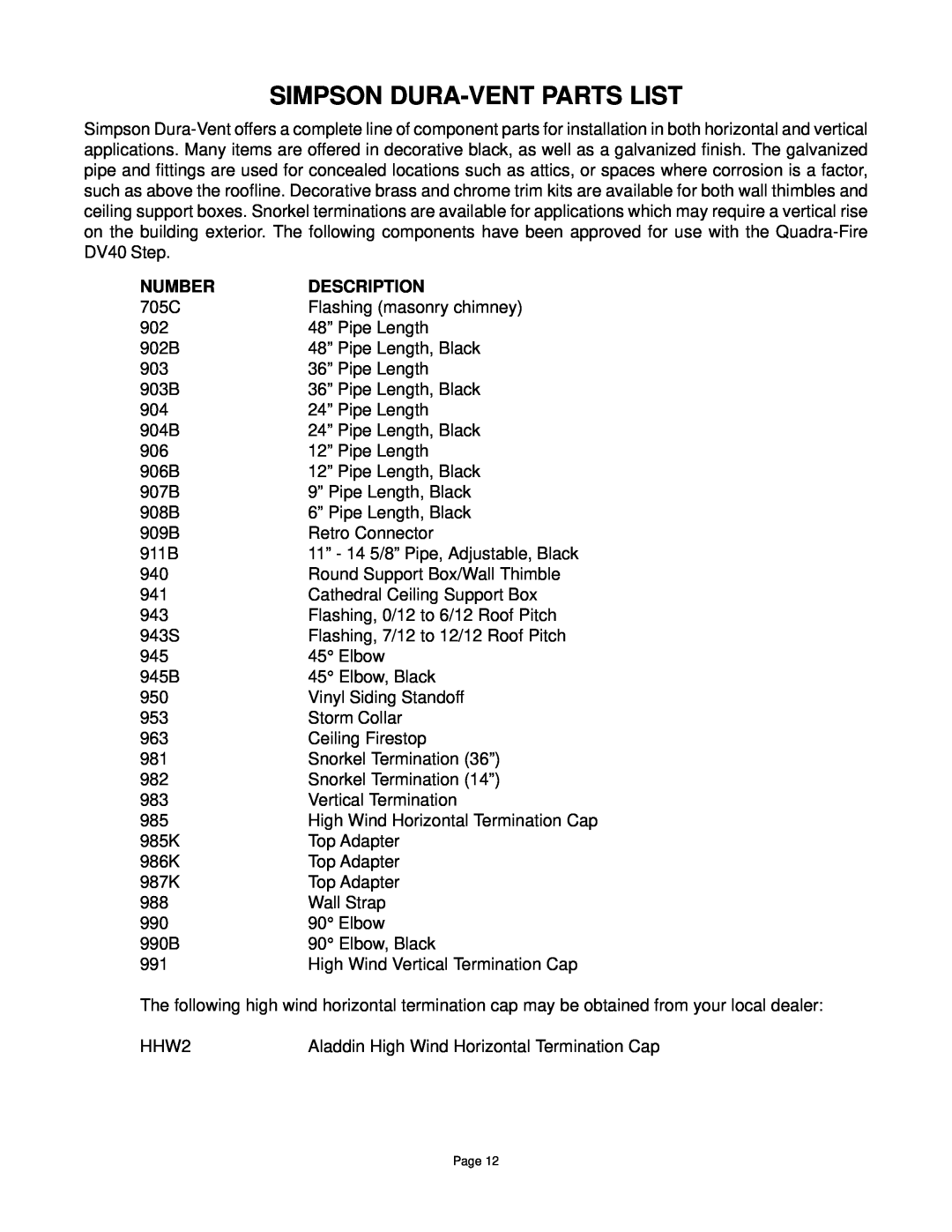 Quadra-Fire DV-40 manual Simpson Dura-Ventparts List, Number, Description 