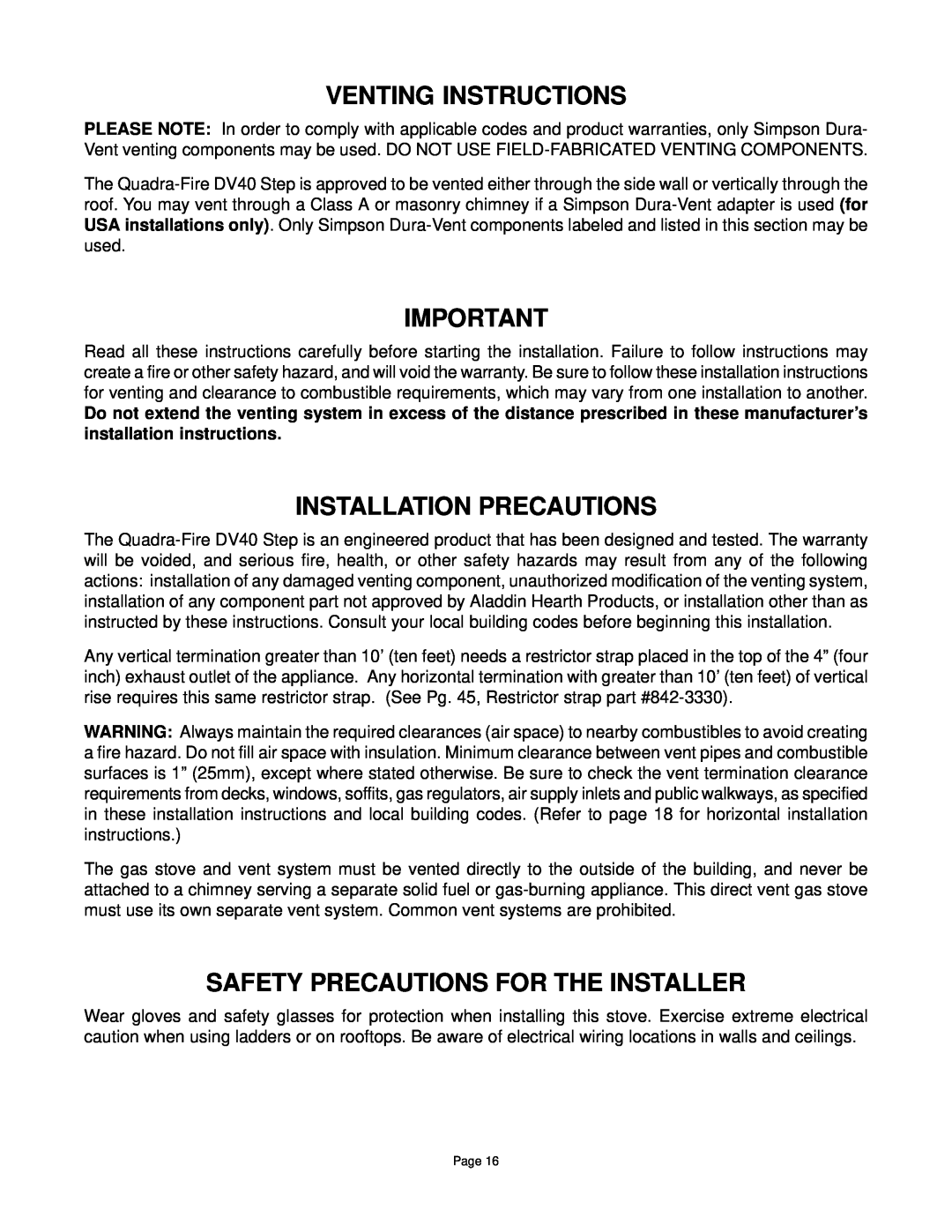 Quadra-Fire DV-40 manual Venting Instructions, Installation Precautions, Safety Precautions For The Installer 