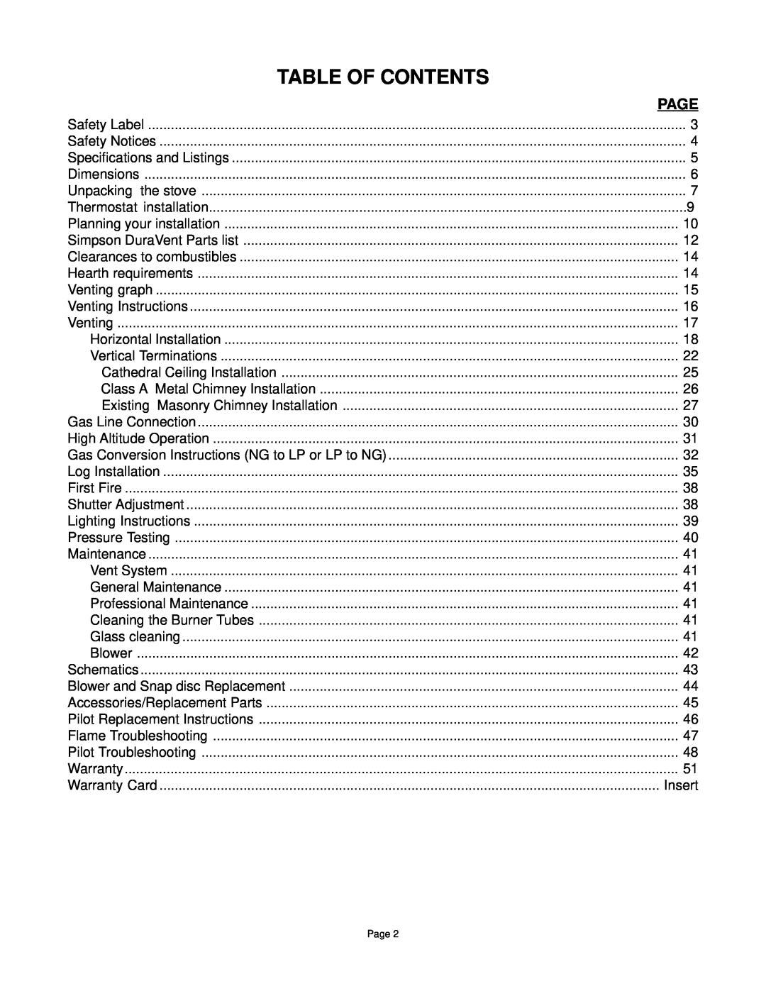 Quadra-Fire DV-40 manual Table Of Contents, Page 