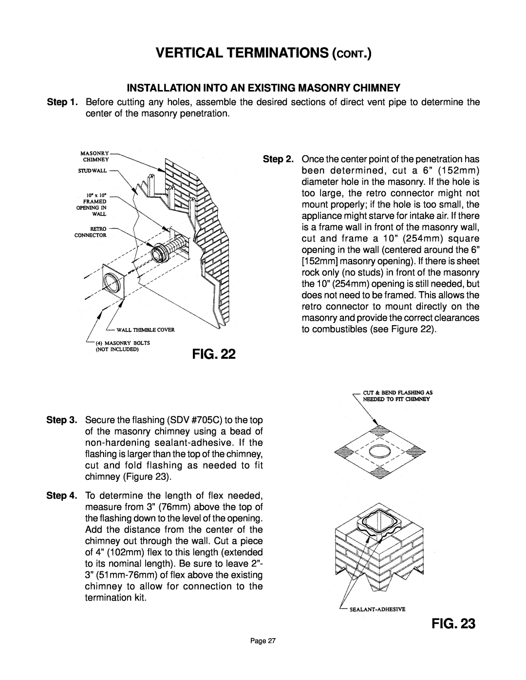 Quadra-Fire DV-40 manual Installation Into An Existing Masonry Chimney, Vertical Terminations Cont 