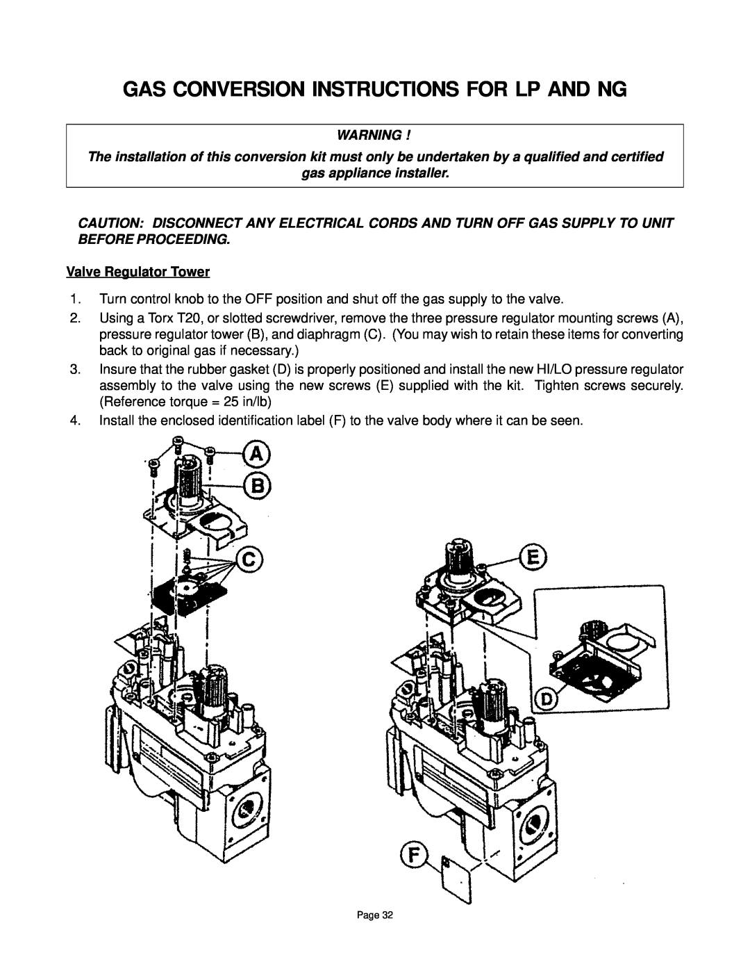 Quadra-Fire DV-40 manual gas appliance installer, Valve Regulator Tower, Gas Conversion Instructions For Lp And Ng 