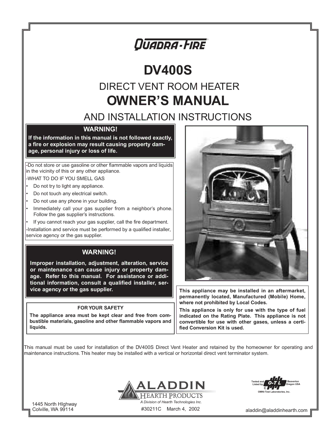 Quadra-Fire DV400S owner manual 