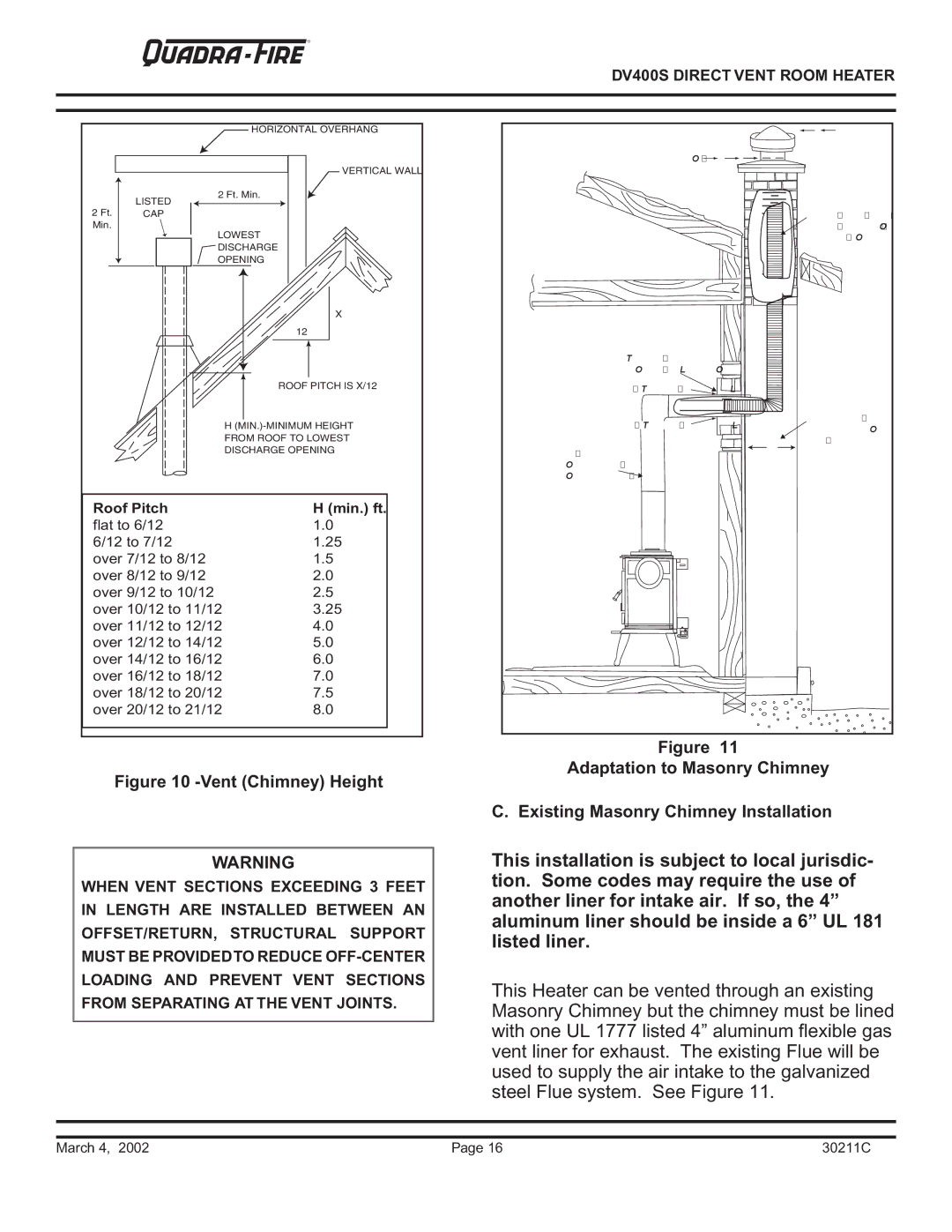 Quadra-Fire DV400S owner manual Vent Chimney Height 