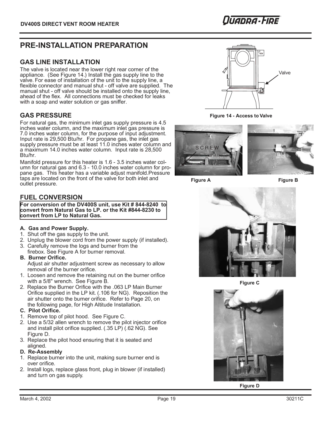 Quadra-Fire DV400S owner manual GAS Line Installation, GAS Pressure, Fuel Conversion 