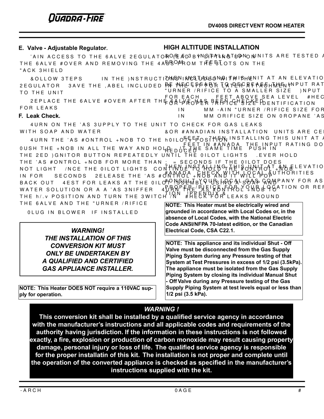 Quadra-Fire DV400S owner manual High Altitude Installation, Valve Adjustable Regulator 