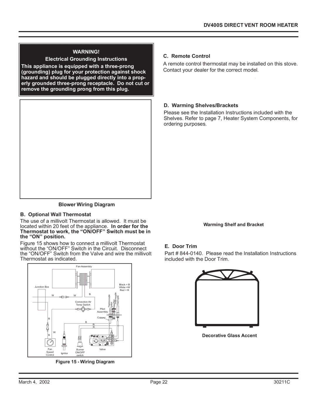 Quadra-Fire DV400S Remote Control, Blower Wiring Diagram Optional Wall Thermostat, Warming Shelves/Brackets, Door Trim 