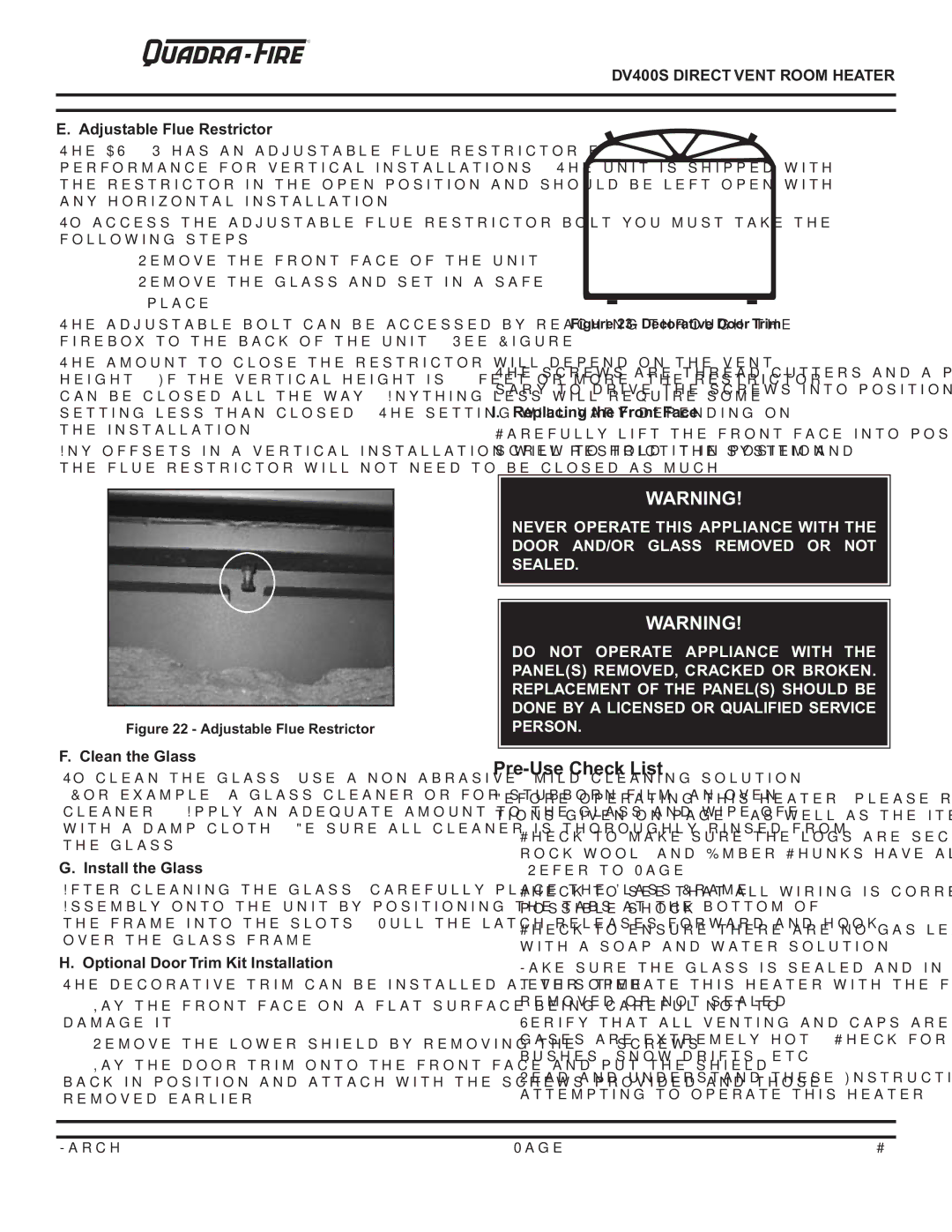 Quadra-Fire DV400S owner manual Pre-Use Check List 