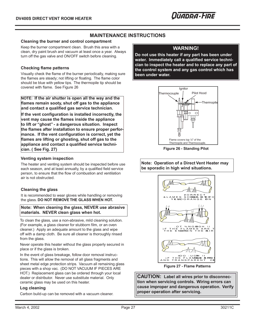 Quadra-Fire DV400S Maintenance Instructions, Cleaning the burner and control compartment, Checking flame patterns 