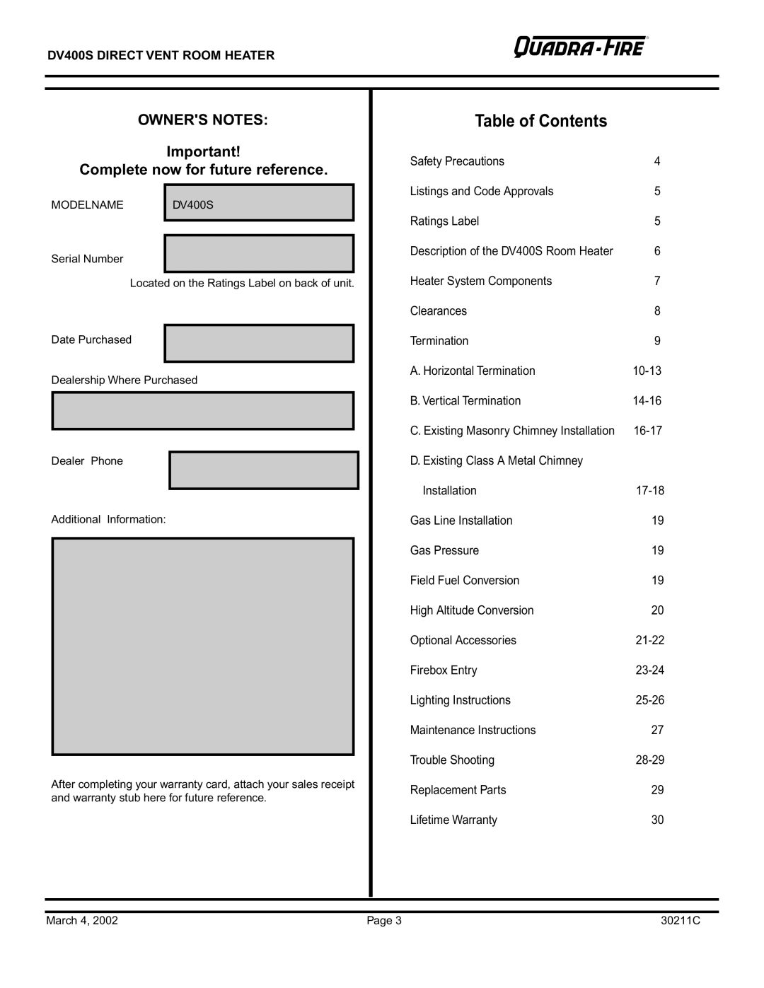 Quadra-Fire DV400S owner manual Table of Contents 