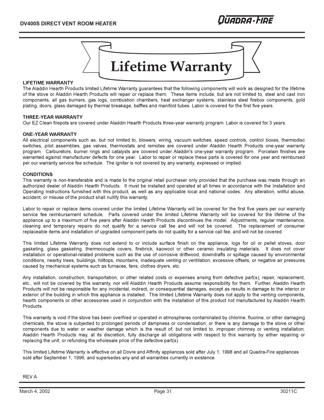 Quadra-Fire DV400S owner manual Lifetime Warranty 