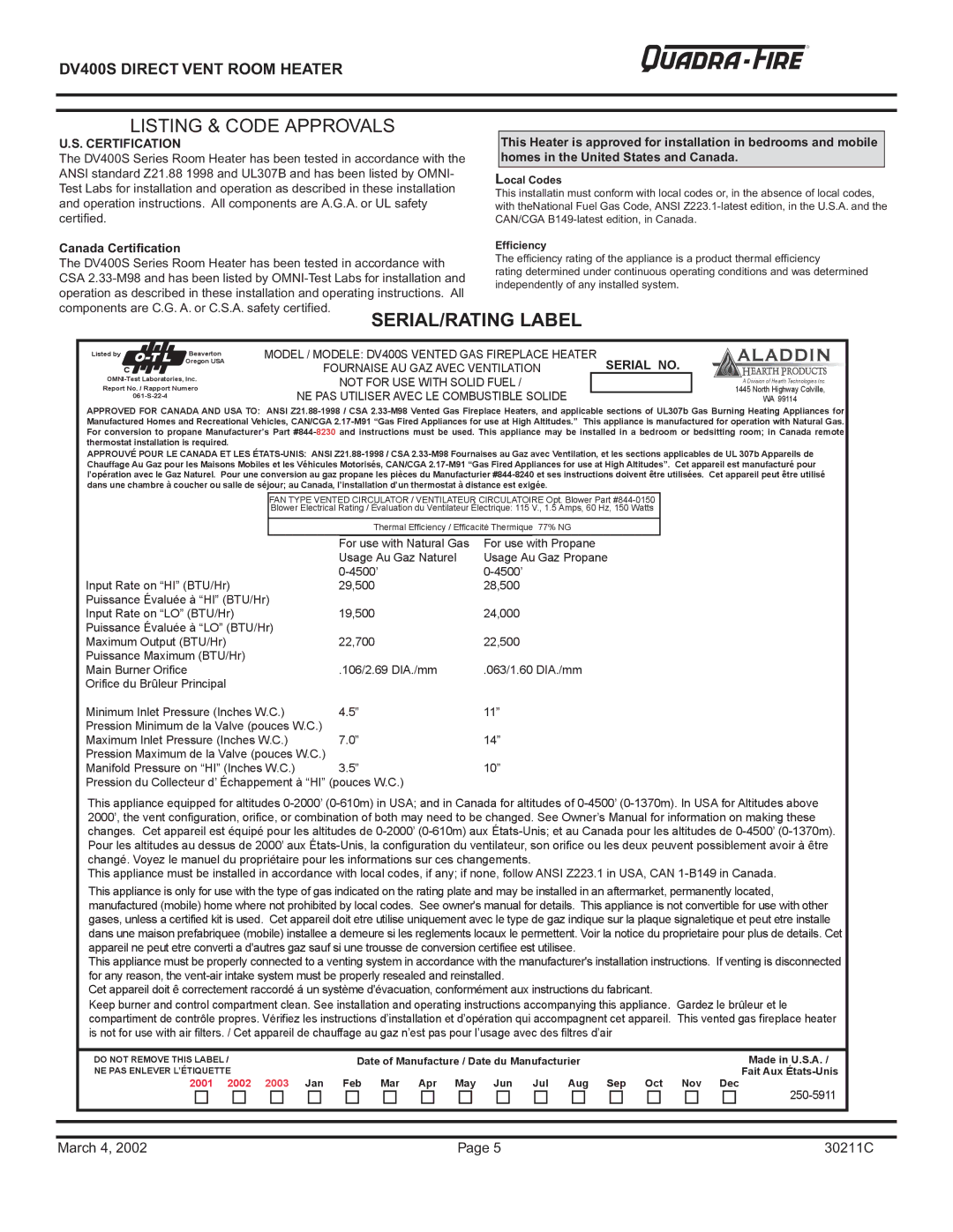 Quadra-Fire DV400S owner manual Listing & Code Approvals, SERIAL/RATING Label 