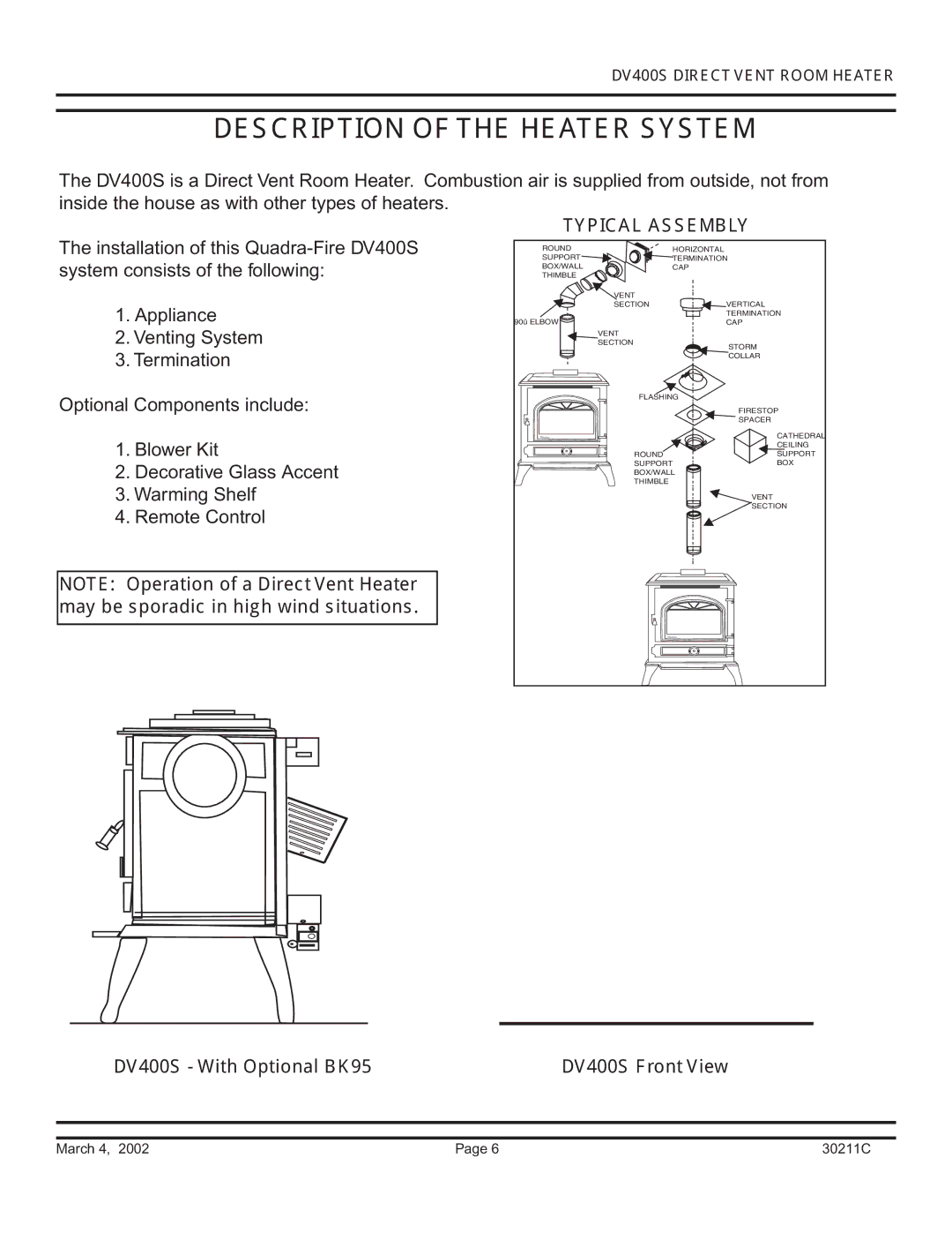 Quadra-Fire owner manual Typical Assembly, DV400S With Optional BK95 