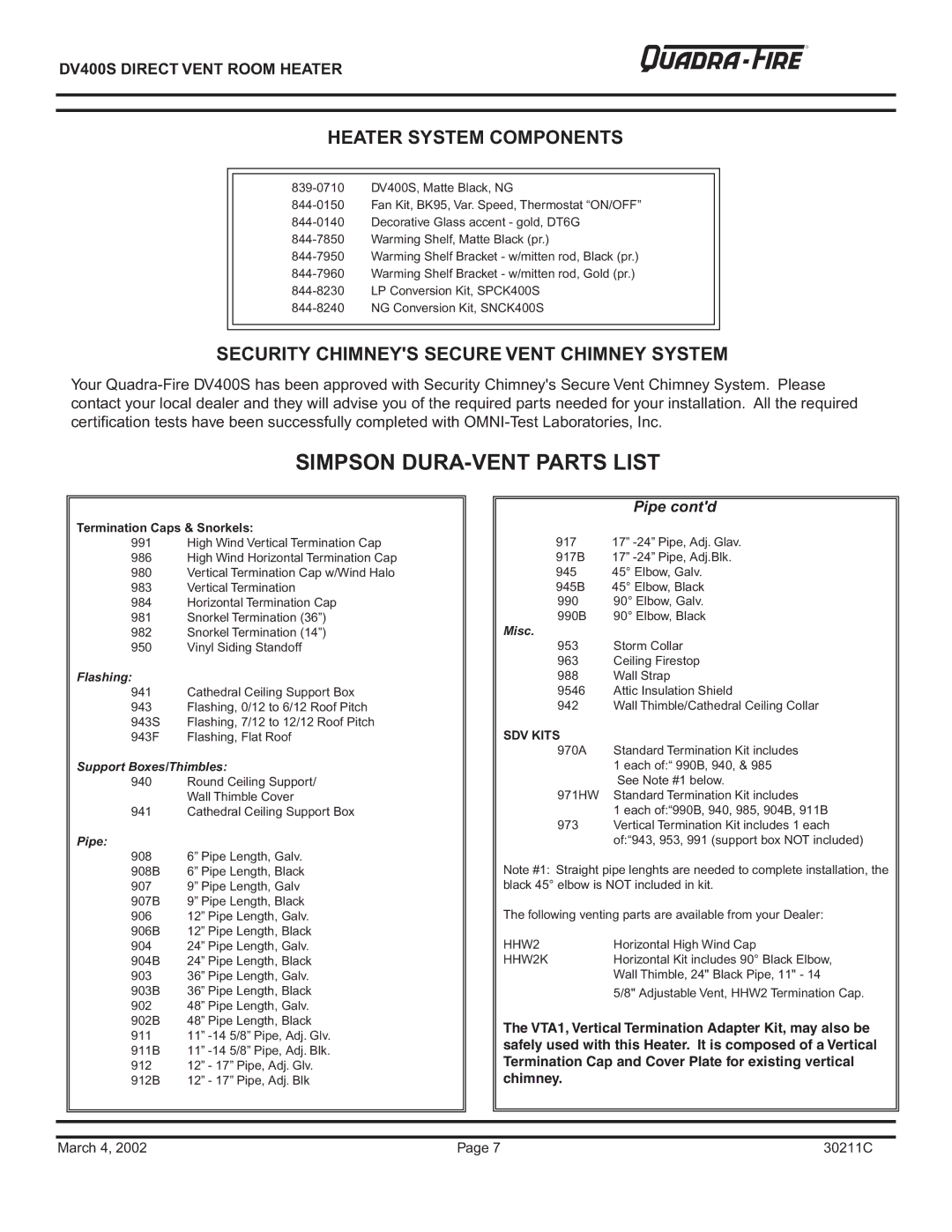 Quadra-Fire DV400S owner manual Heater System Components, Security Chimneys Secure Vent Chimney System 