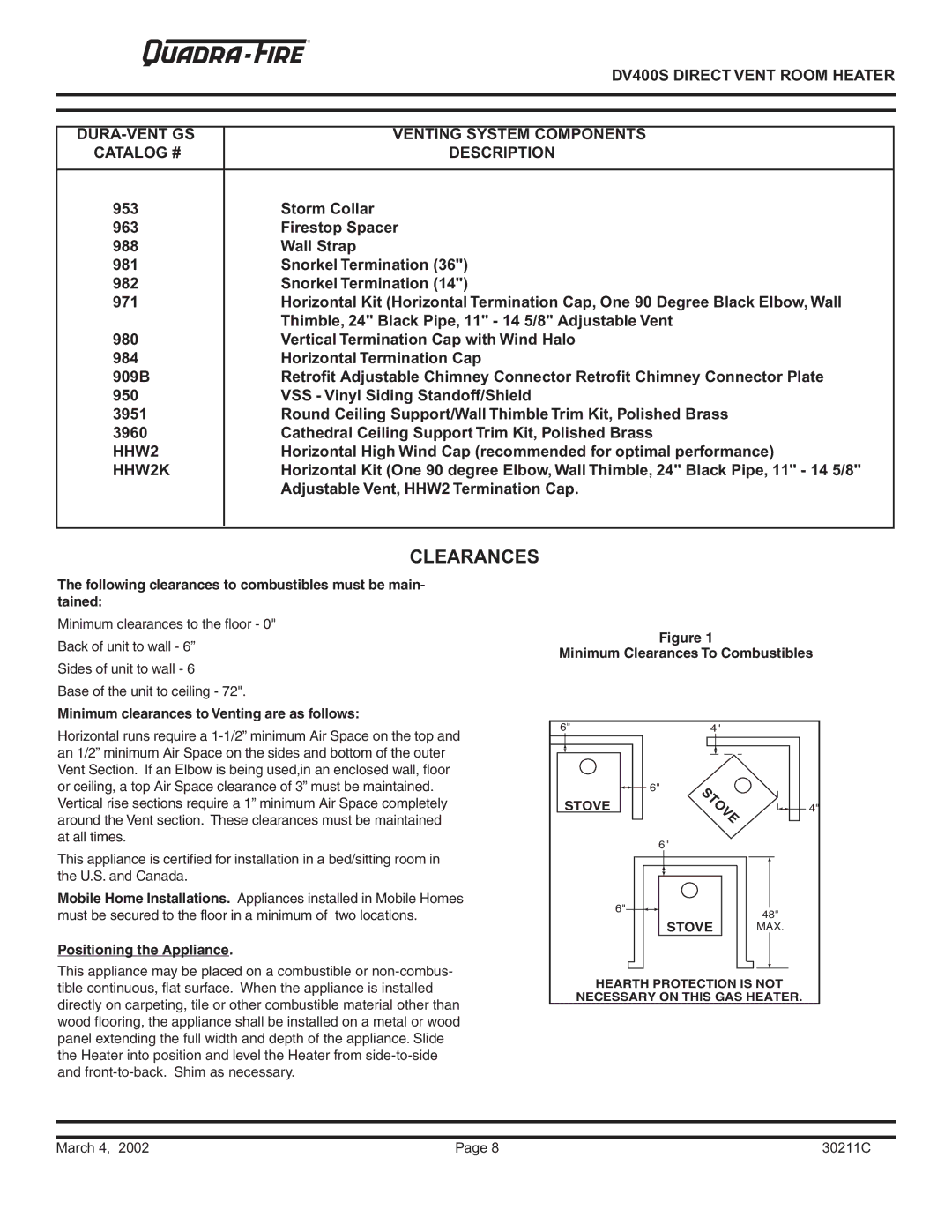 Quadra-Fire DV400S owner manual Clearances, Horizontal High Wind Cap recommended for optimal performance 