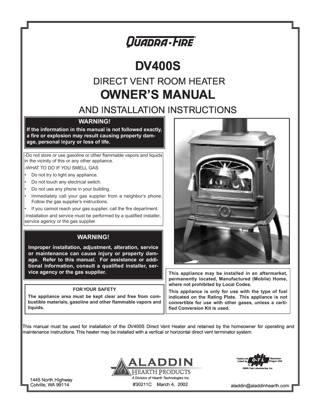 Quadra-Fire DV400S owner manual Direct Vent Room Heater, And Installation Instructions 