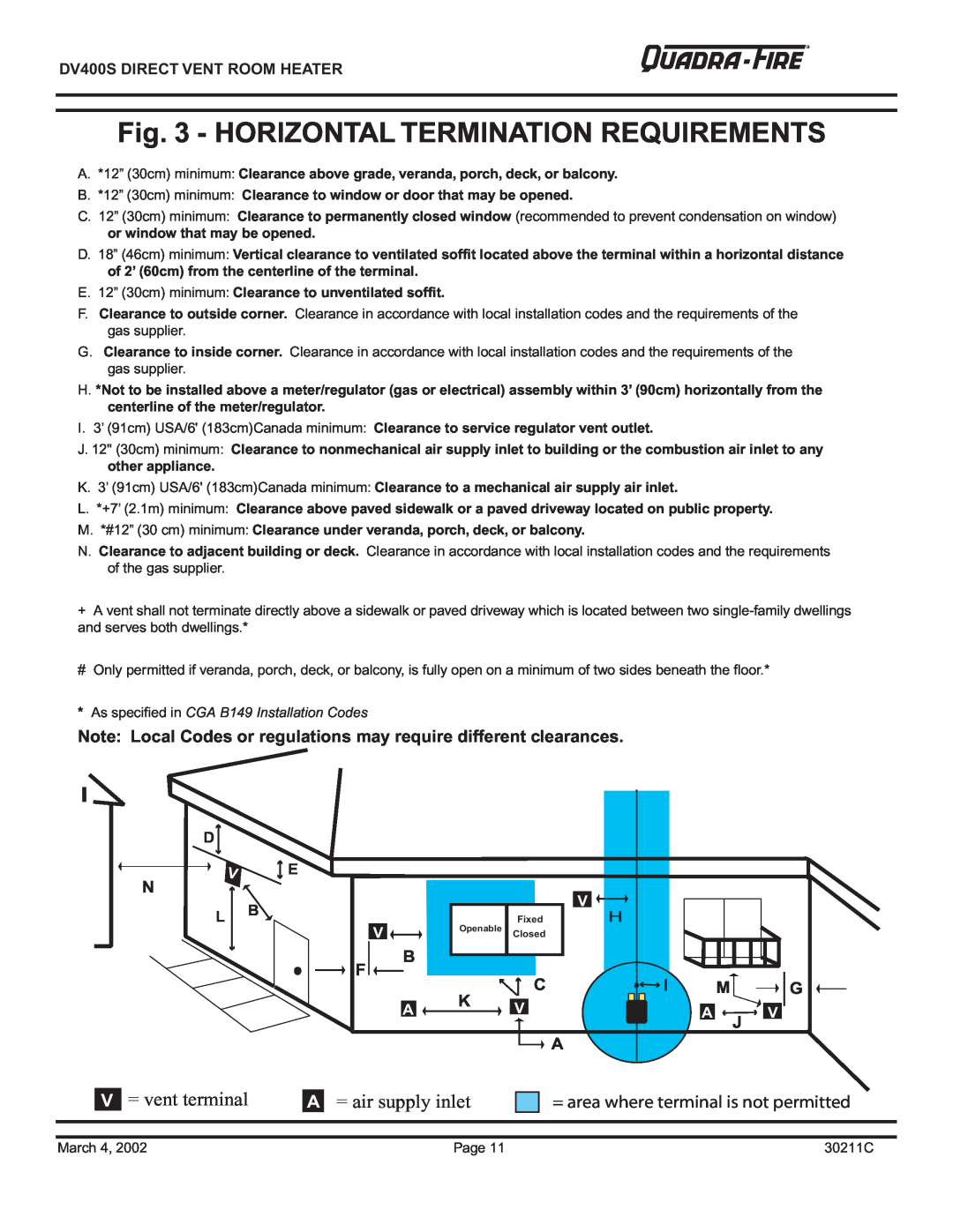 Quadra-Fire DV400S owner manual Horizontal Termination Requirements, V = vent terminal, A = air supply inlet 