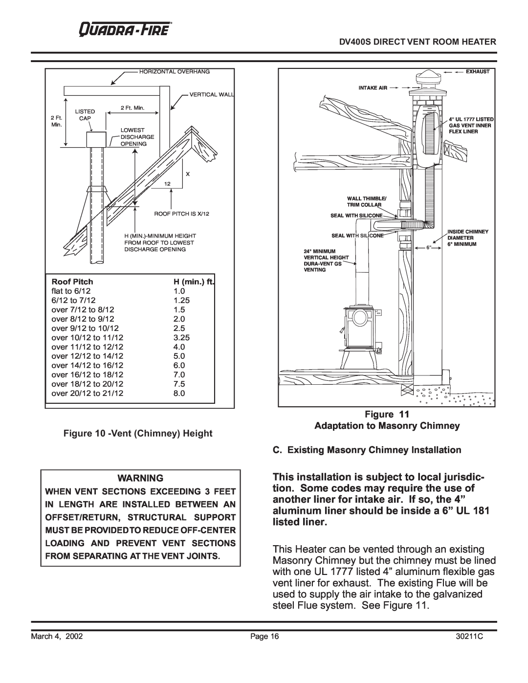 Quadra-Fire DV400S VentChimney Height, Figure Adaptation to Masonry Chimney, C. Existing Masonry Chimney Installation 
