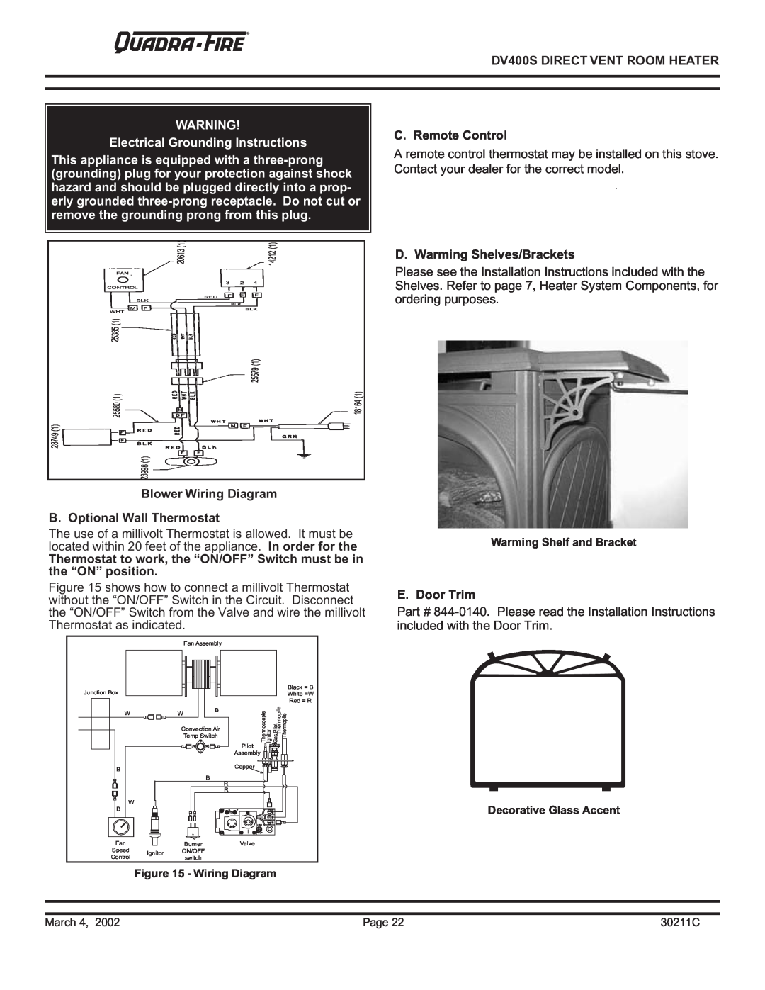 Quadra-Fire DV400S DIRECT VENT ROOM HEATER, Electrical Grounding Instructions, C. Remote Control, E. Door Trim 