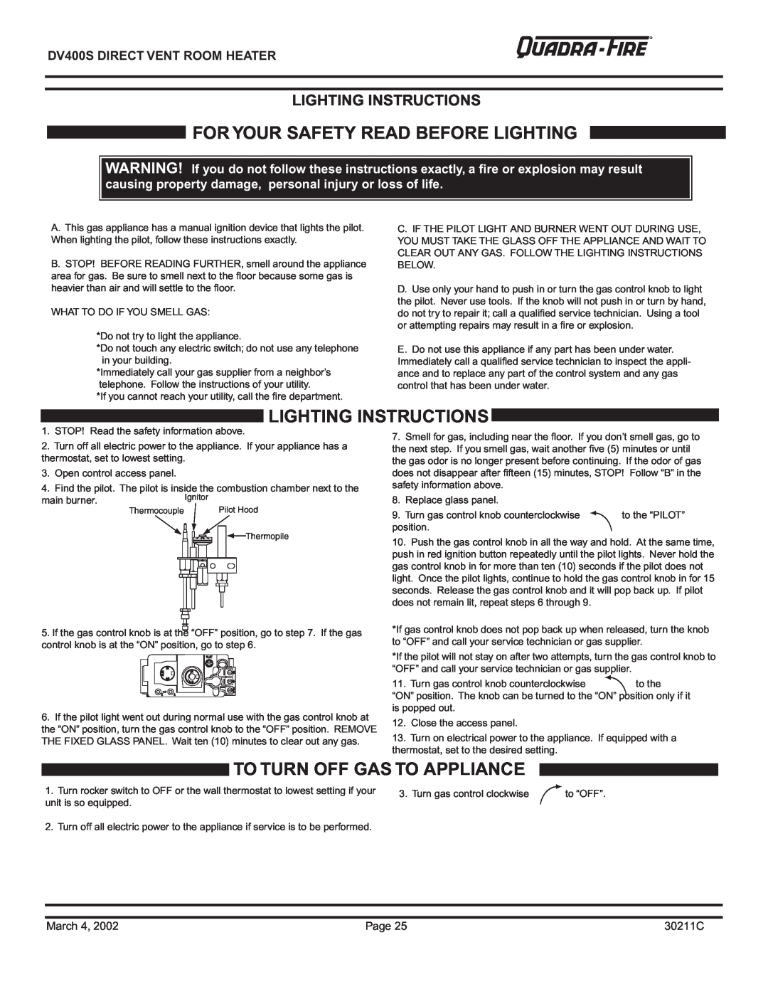 Quadra-Fire DV400S owner manual For Your Safety Read Before Lighting, Lighting Instructions, To Turn Off Gas To Appliance 