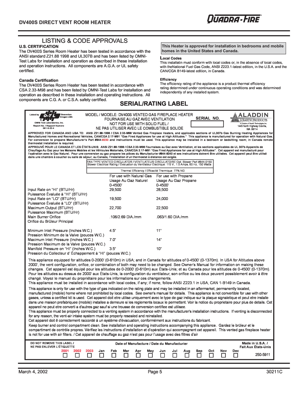 Quadra-Fire Serial/Rating Label, DV400S DIRECT VENT ROOM HEATER, U.S. Certification, Canada Certification, Serial No 