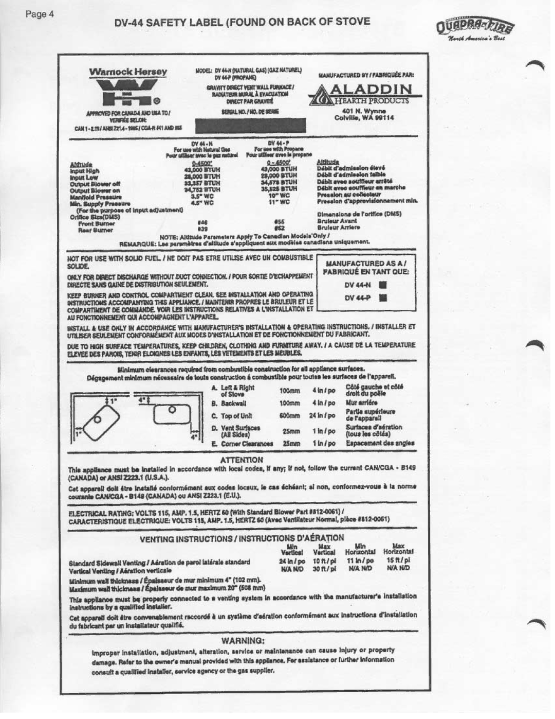 Quadra-Fire DV44 manual 