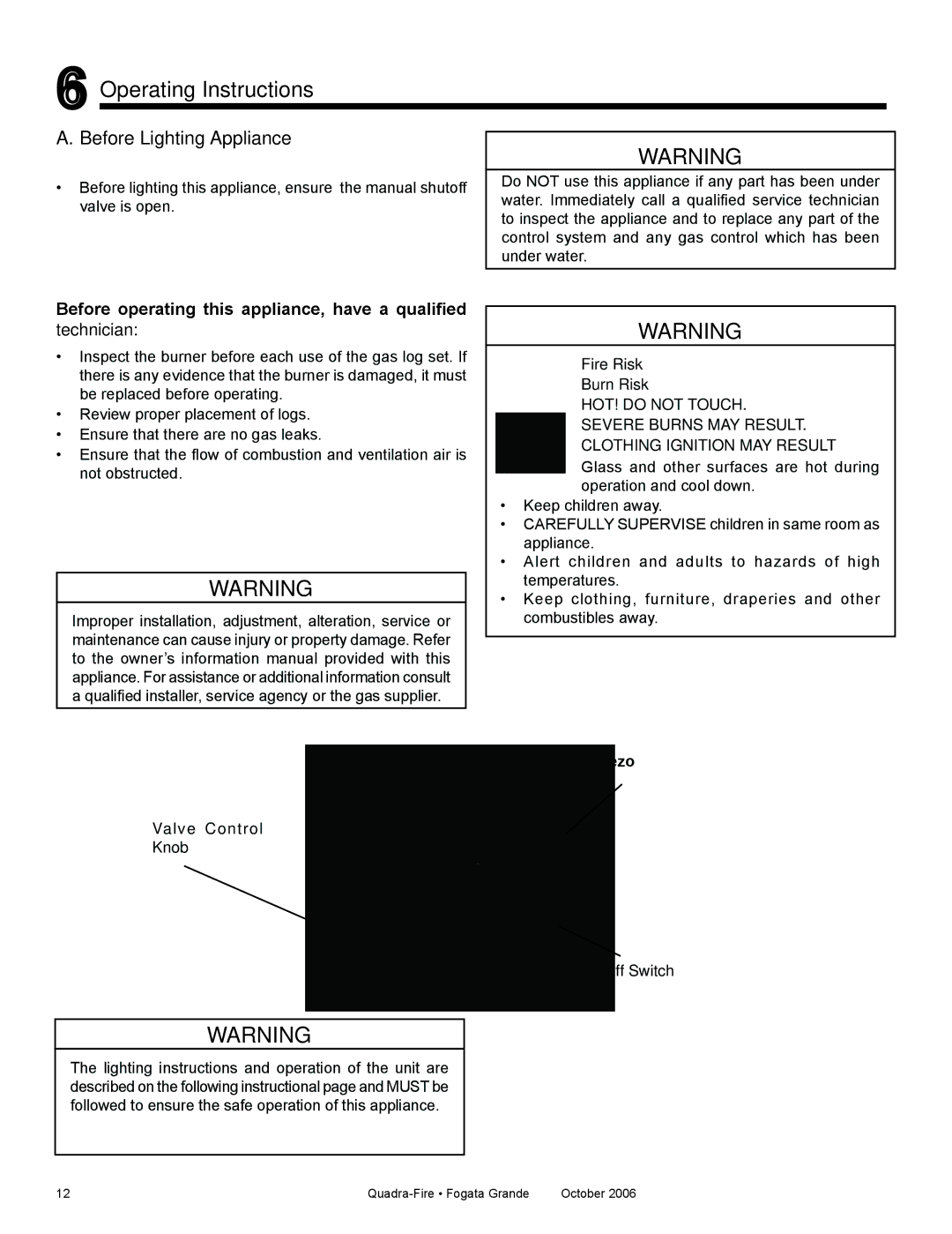 Quadra-Fire FG21SP-LP Operating Instructions, Before Lighting Appliance, Valve Control Knob, Fire Risk Burn Risk 