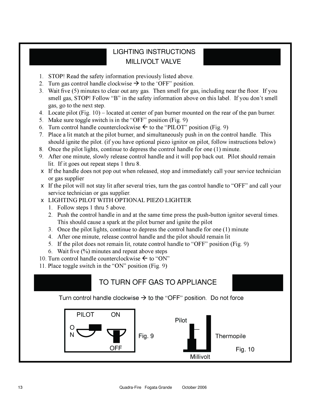 Quadra-Fire FG21SP-NG, FG21SP-LP owner manual To Turn OFF GAS to Appliance 