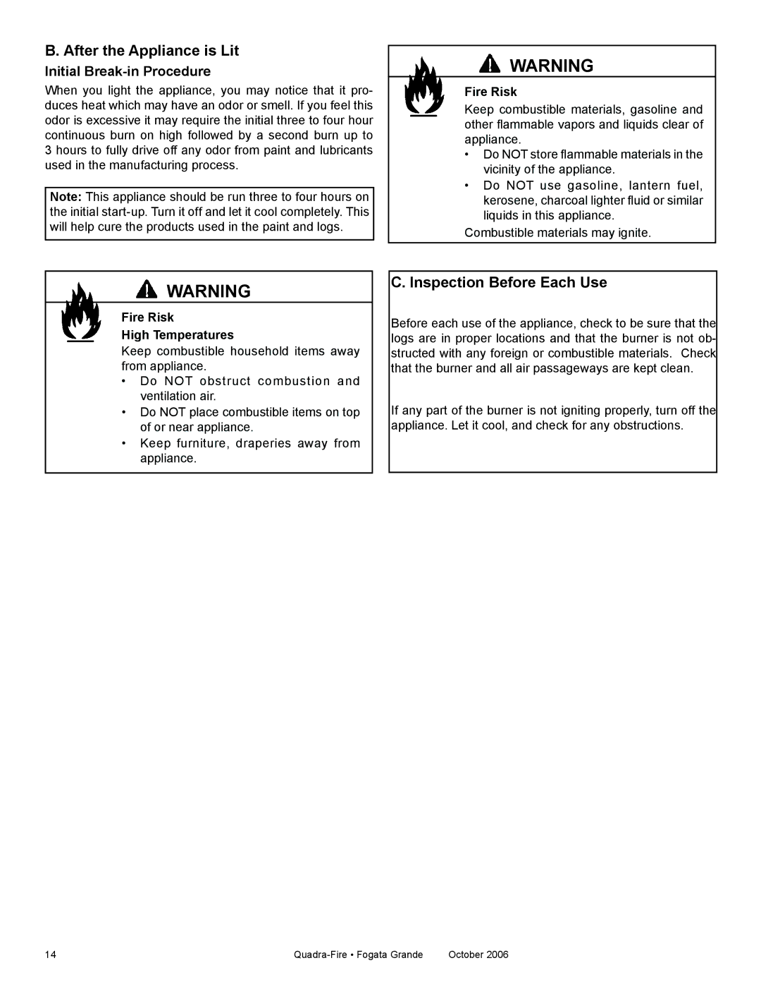 Quadra-Fire FG21SP-LP, FG21SP-NG After the Appliance is Lit, Inspection Before Each Use, Fire Risk High Temperatures 